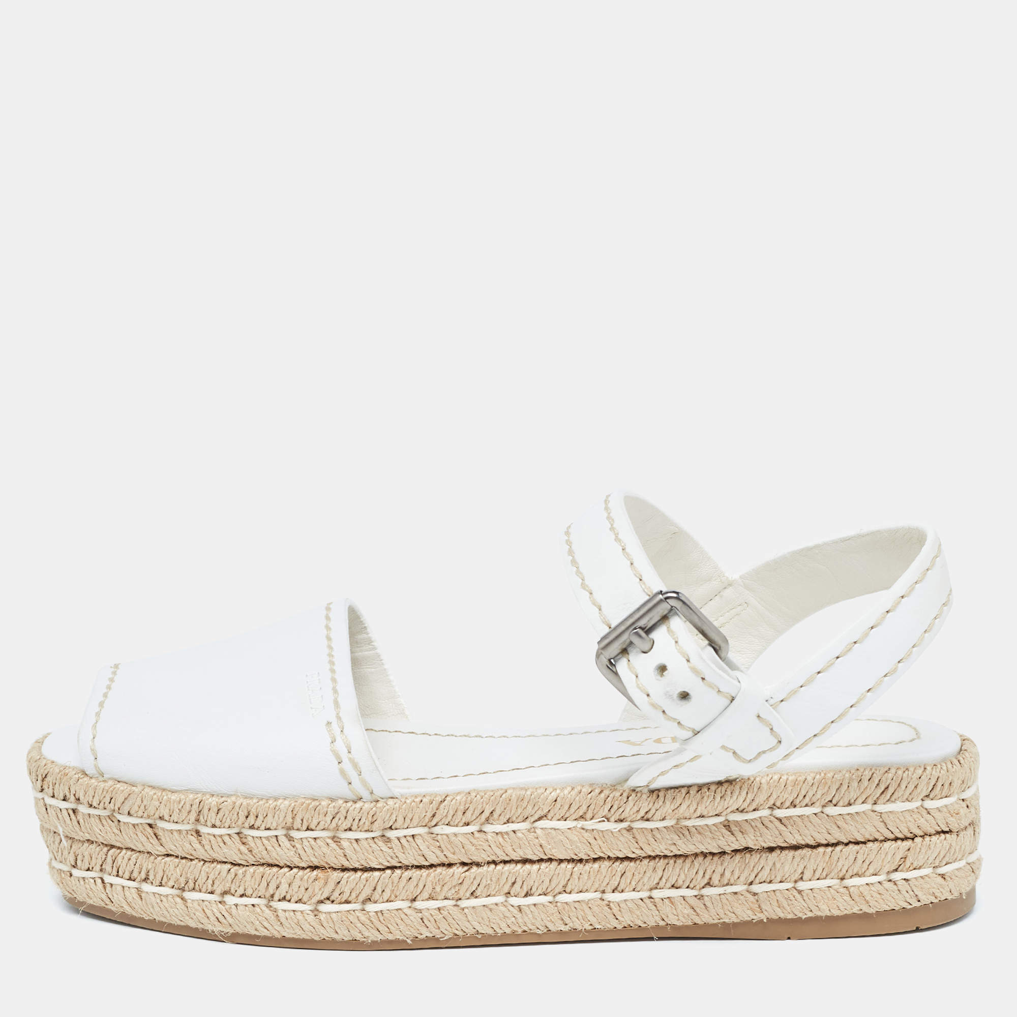 Prada White Leather Espadrille Platform Ankle Strap Sandals Size 38