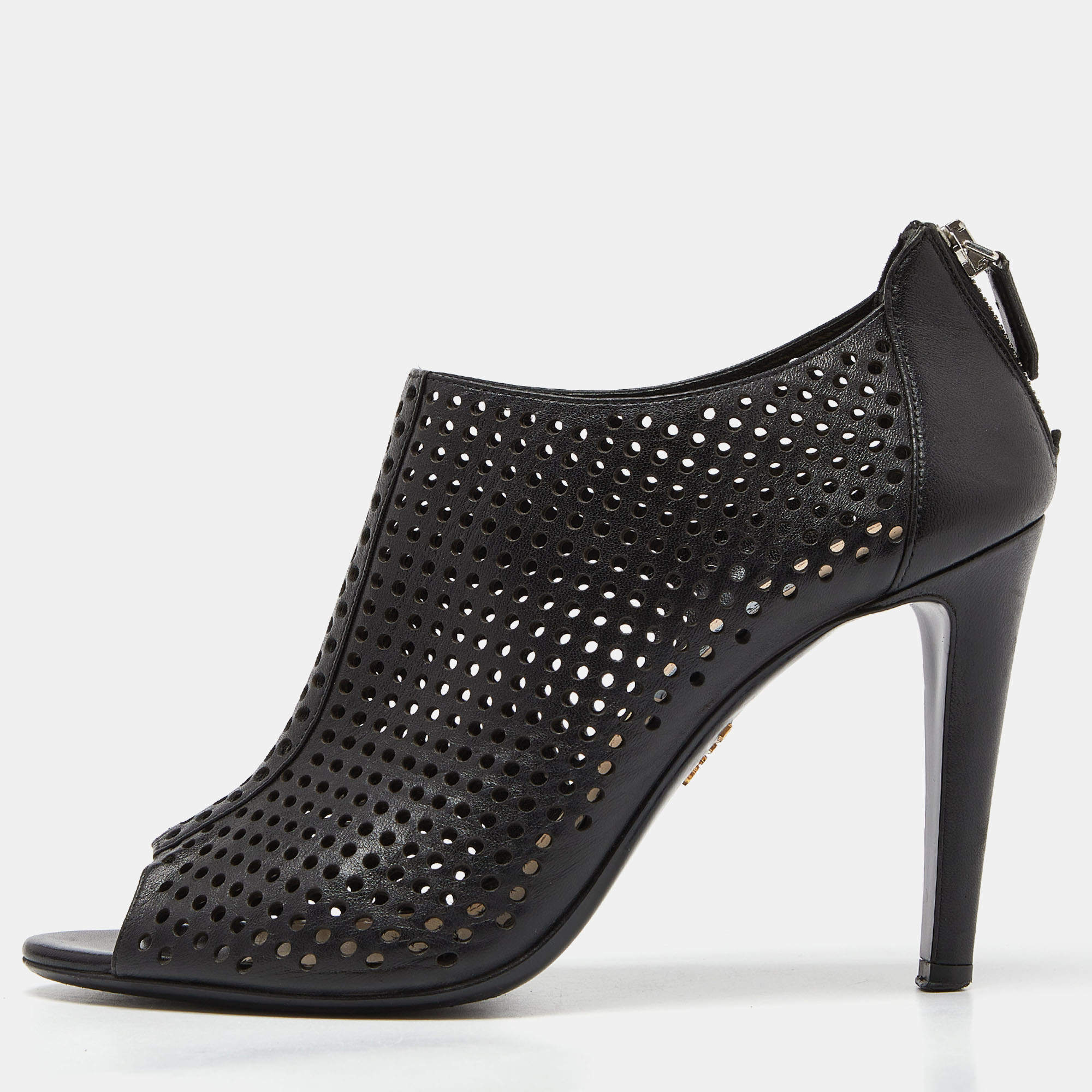 Prada Black Perforated Leather Peep Toe Ankle Booties Size 39