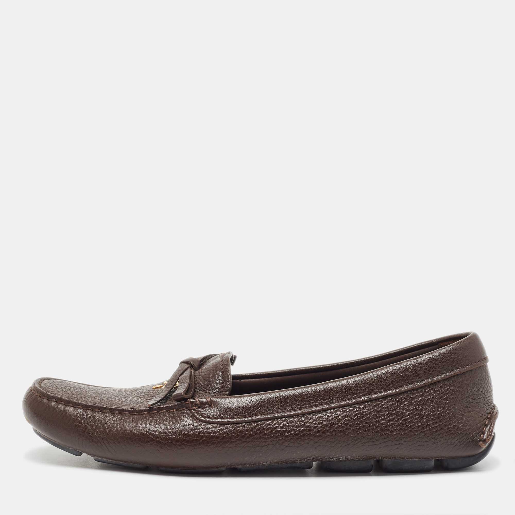Pre Owned Prada Brown Leather Logo Detail Bow Loafers Size 38.5