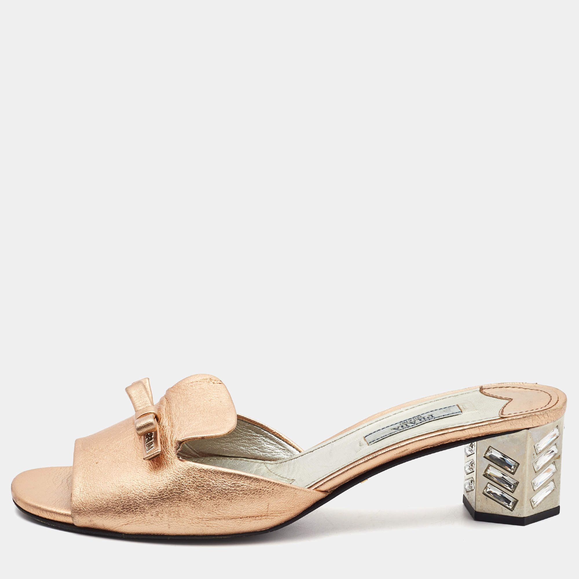 Prada Metallic Leather Block Heel Slides Size 39.5