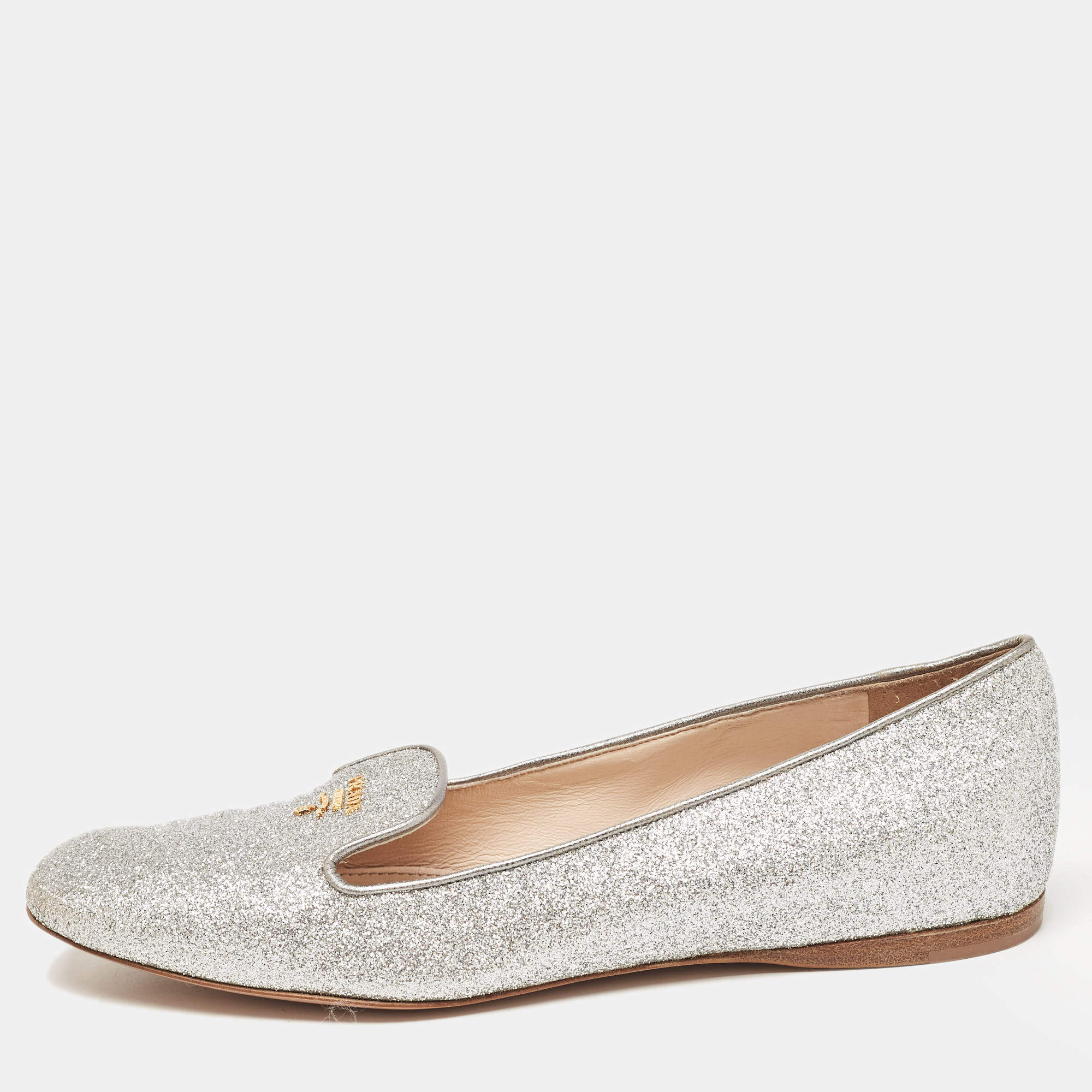 Pre Owned Prada Silver Glitter Smoking Slippers Size 36.5