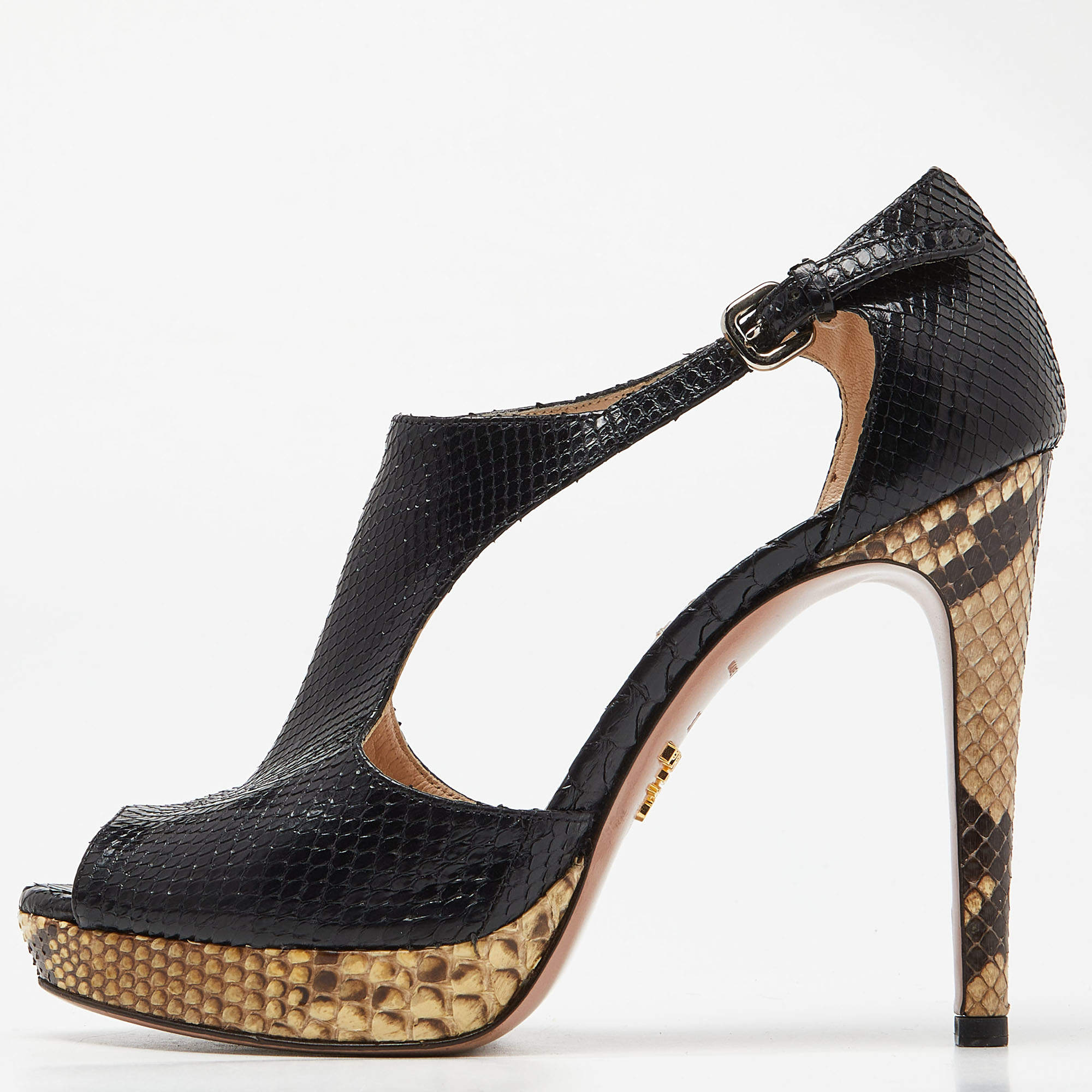 Prada Black Python Leather Peep Toe Platform Ankle Strap Pumps Size 37.5