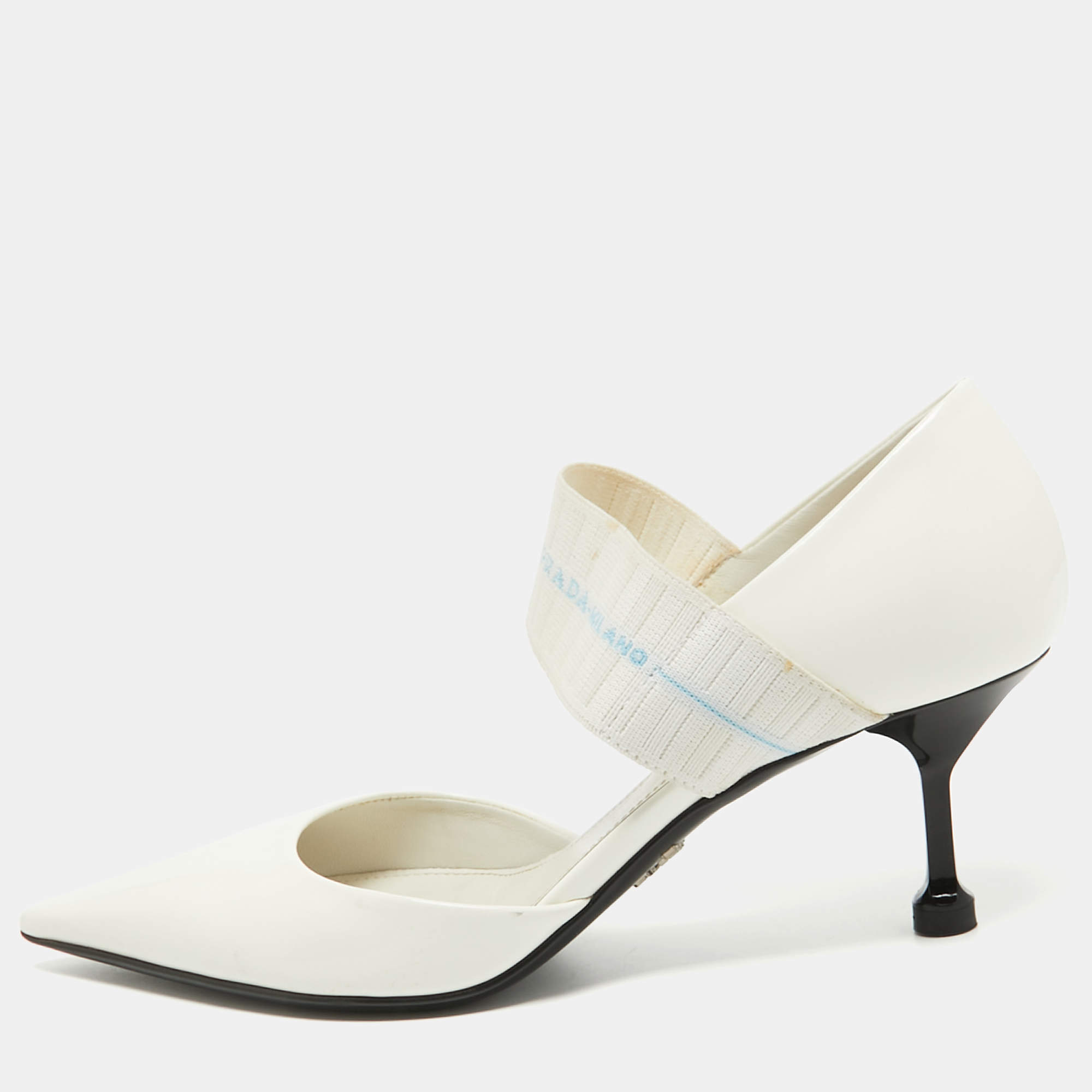 Pre Owned Prada White Patent Leather And Elastic Mary Jane D'orsay Pumps Size 36.5