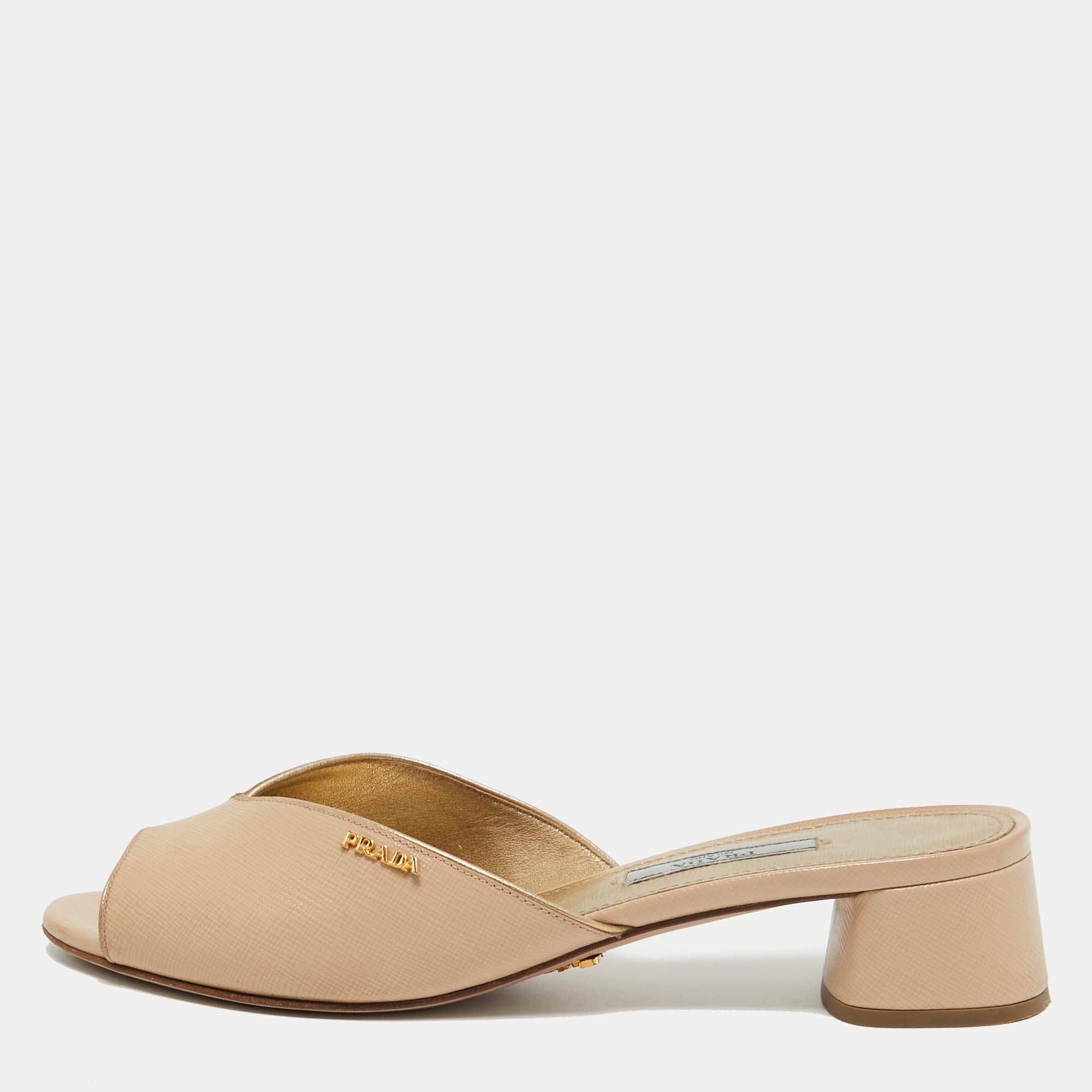 Prada Beige Patent Leather Open Toe Block Heel Slide Sandals Size 37
