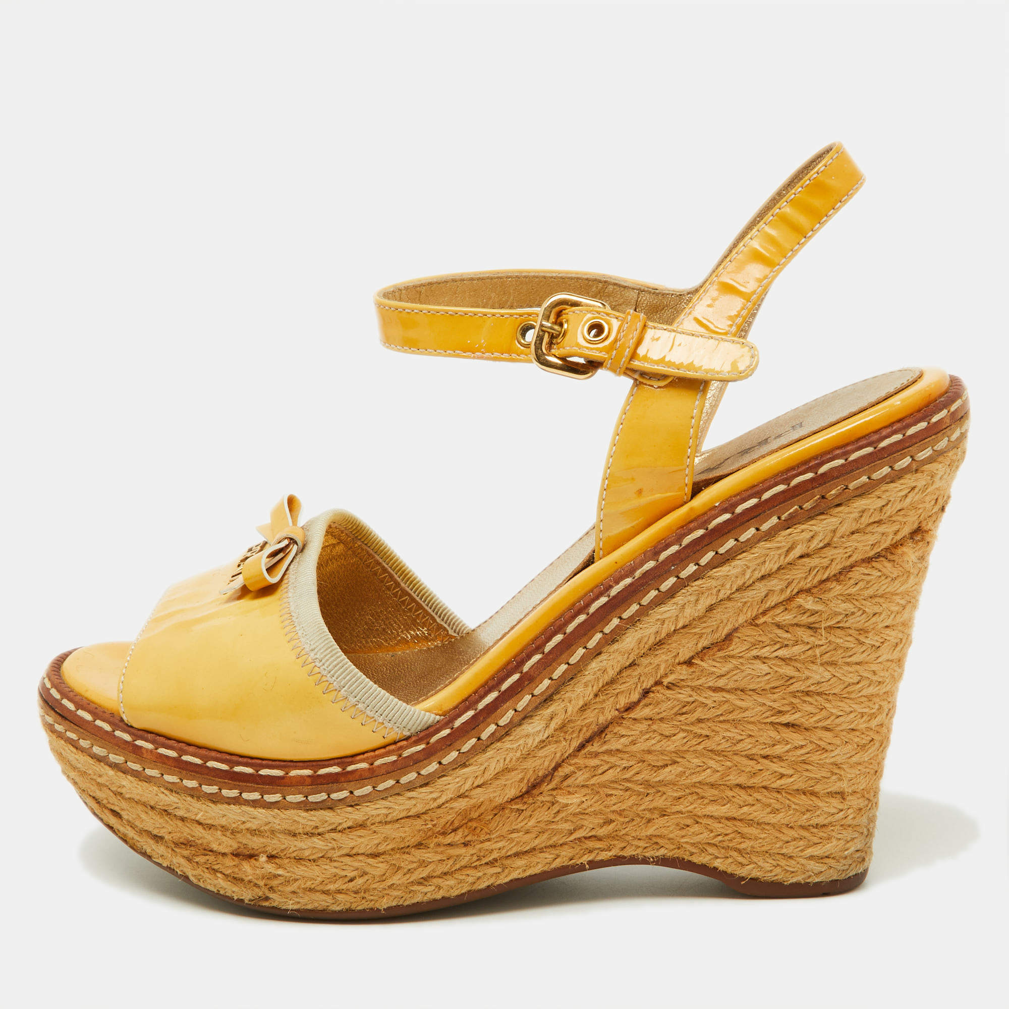 Prada Yellow Patent Leather Bow Espadrille Wedge Platform Ankle Strap Sandals Size 35.5