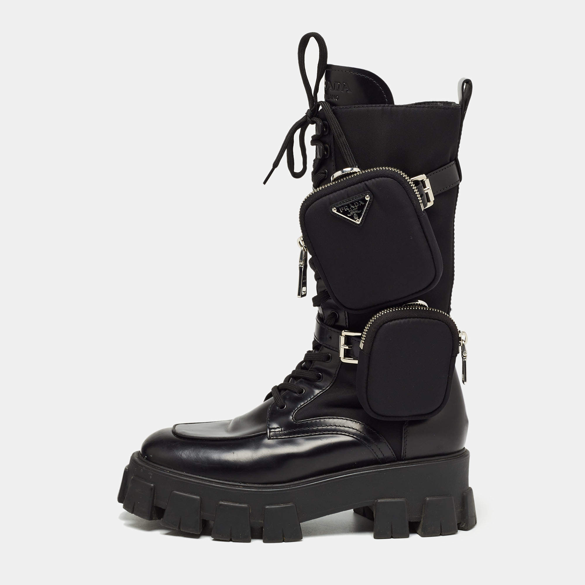 Prada Black Leather and Fabric Monolith Mid Calf Boots Size 40