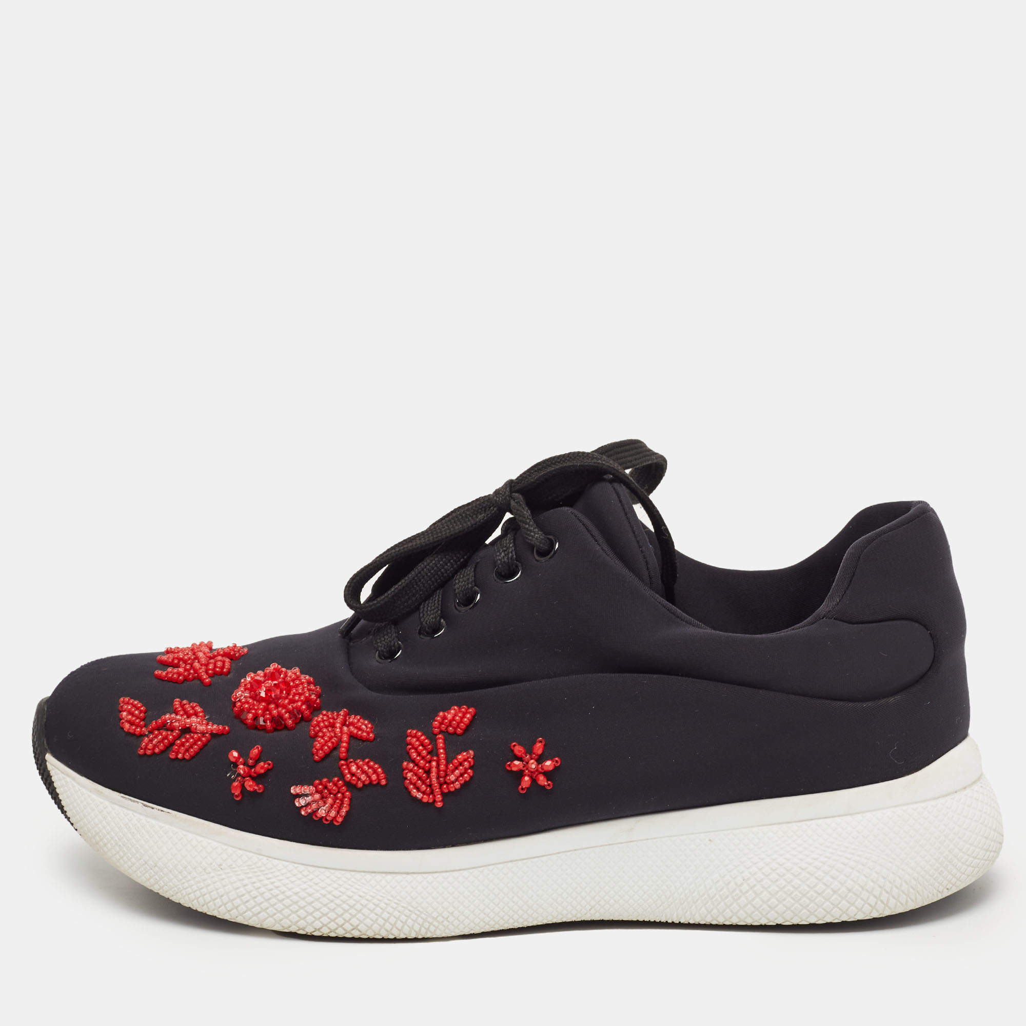 Prada Black Nylon Embellished Low Top Sneakers Size 39.5