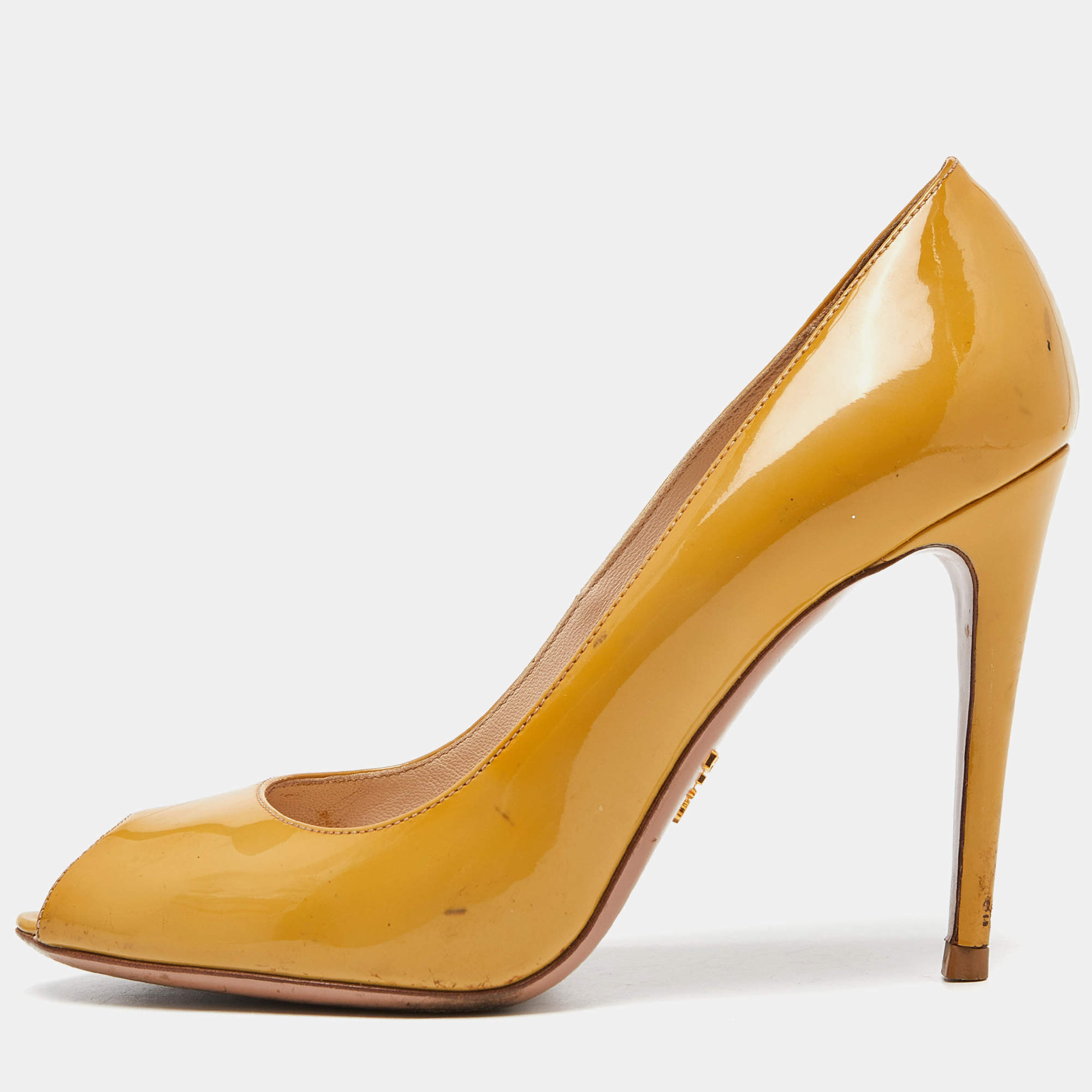 Prada Mustard Patent Leather Peep Toe Pumps Size 38.5 Prada TLC