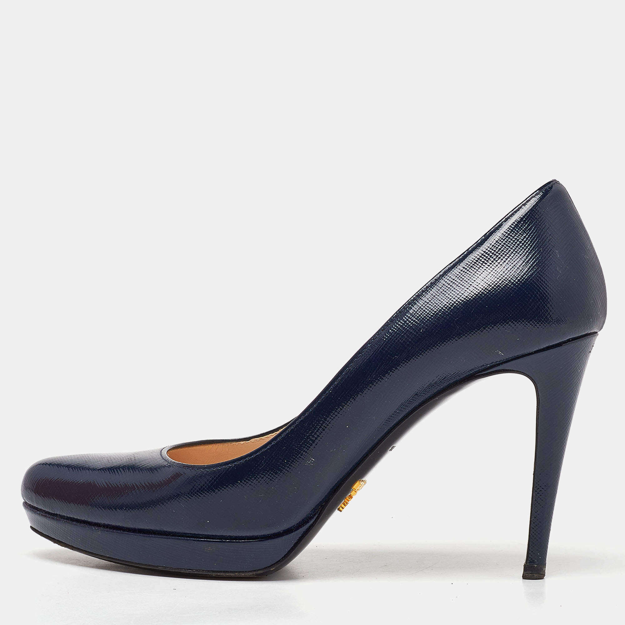 Pre Owned Prada Navy Blue Saffiano Leather Platform Pumps Size 38