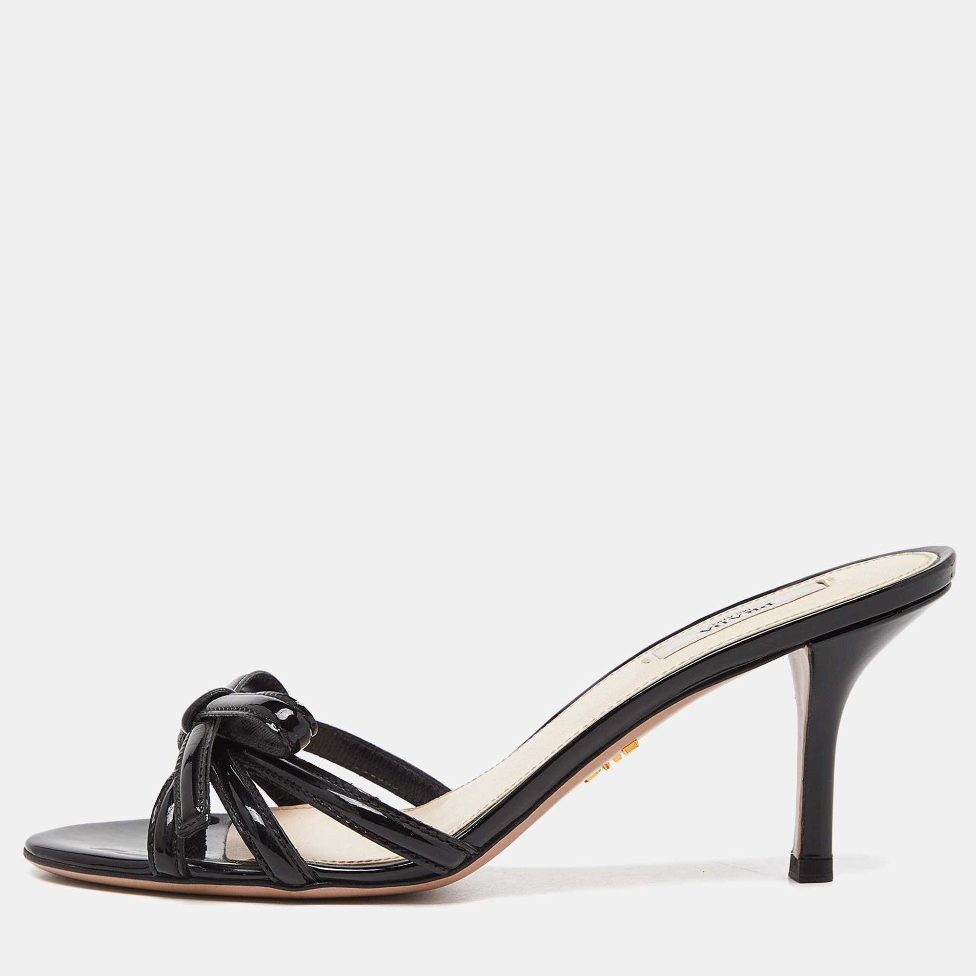 Prada Black Patent Leather Bow Slide Sandals Size 37.5