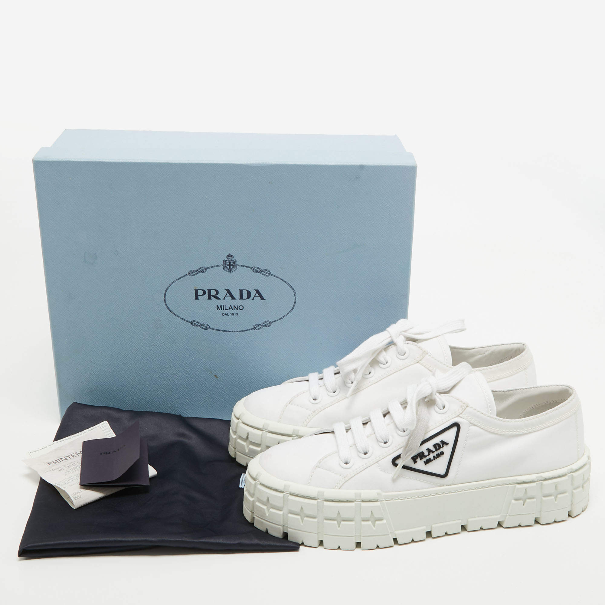 Prada White Nylon Gabardine Double Wheel Sneakers Size 39.5 Prada