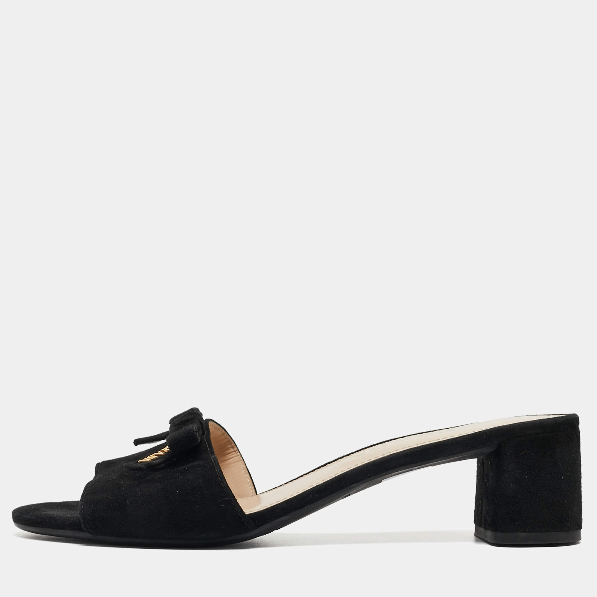 Prada Black Suede Bow Slide Sandals Size 35
