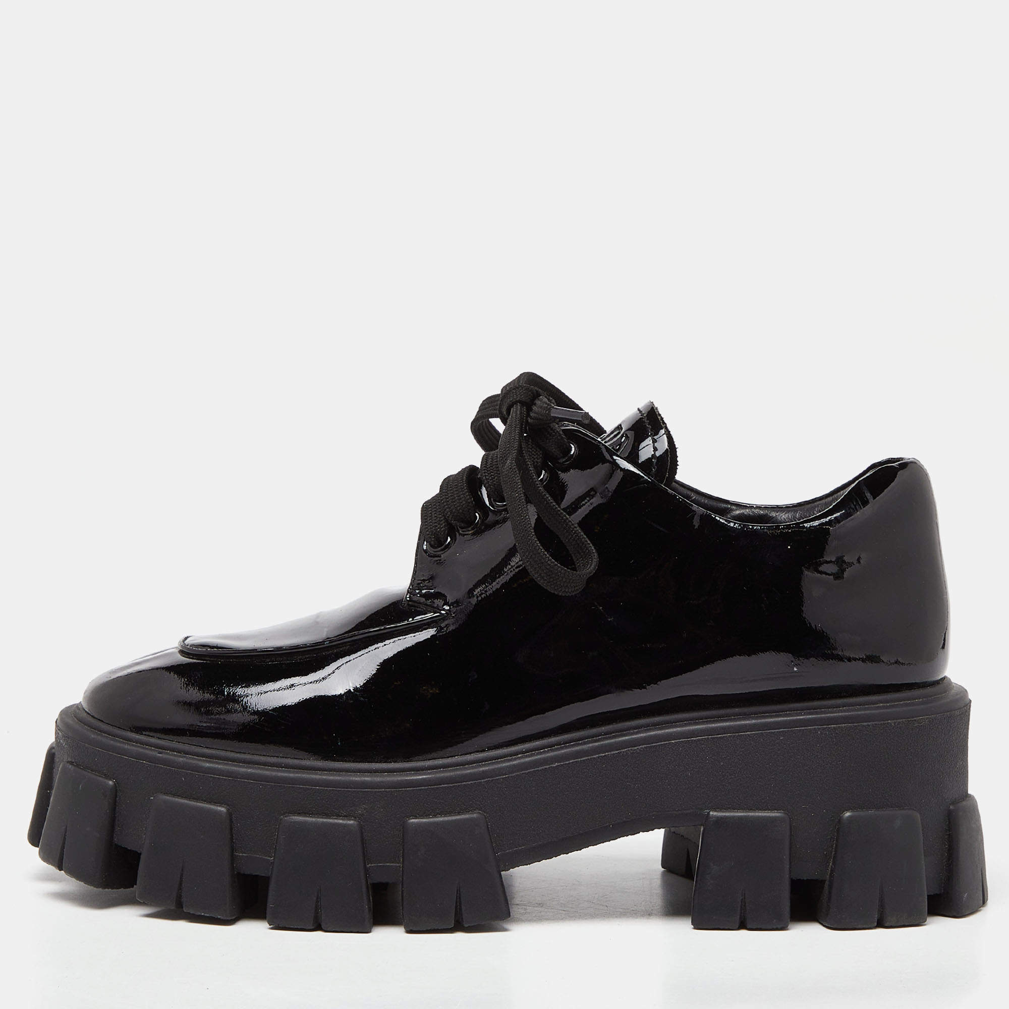 Prada Black Patent Leather Monolith Platform Derby Sneakers Size 36