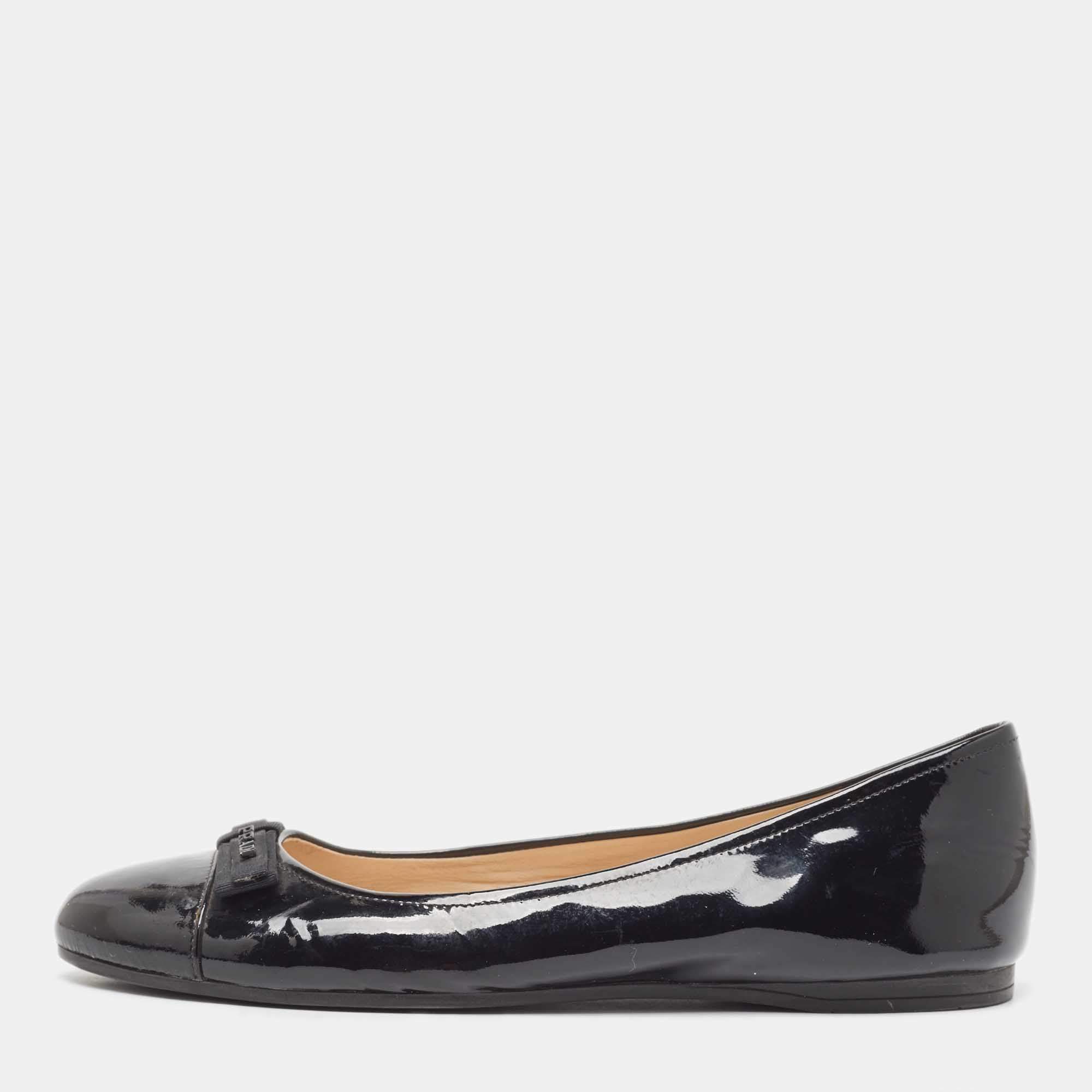 Pre Owned Prada Black Patent Bow Ballet Flats Size 37