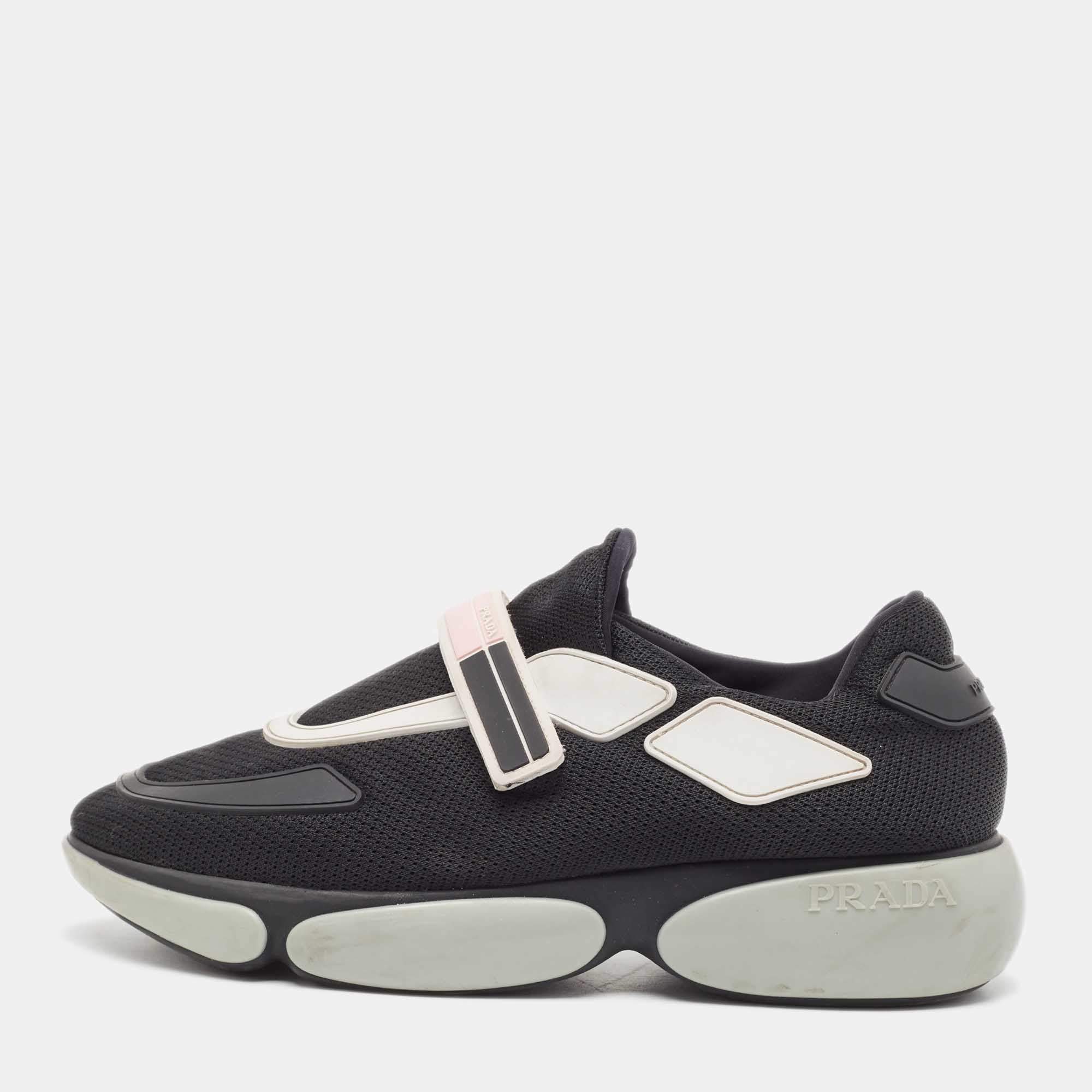 Pre Owned Prada Black Mesh and Rubber Velcro Slip On Sneakers Size 38