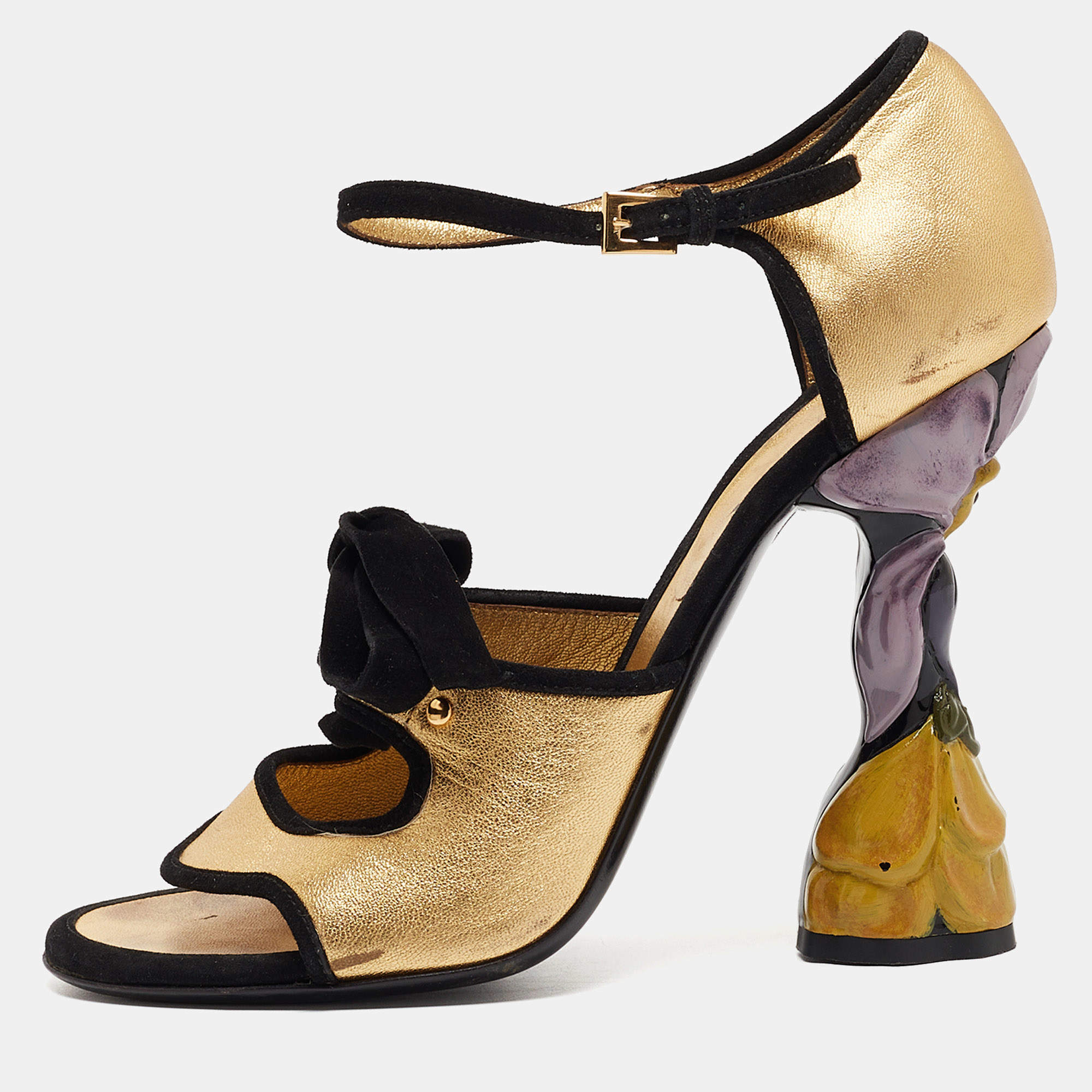 Prada Gold/Black Leather and Suede Floral Heel Ankle Strap Sandals Size 39
