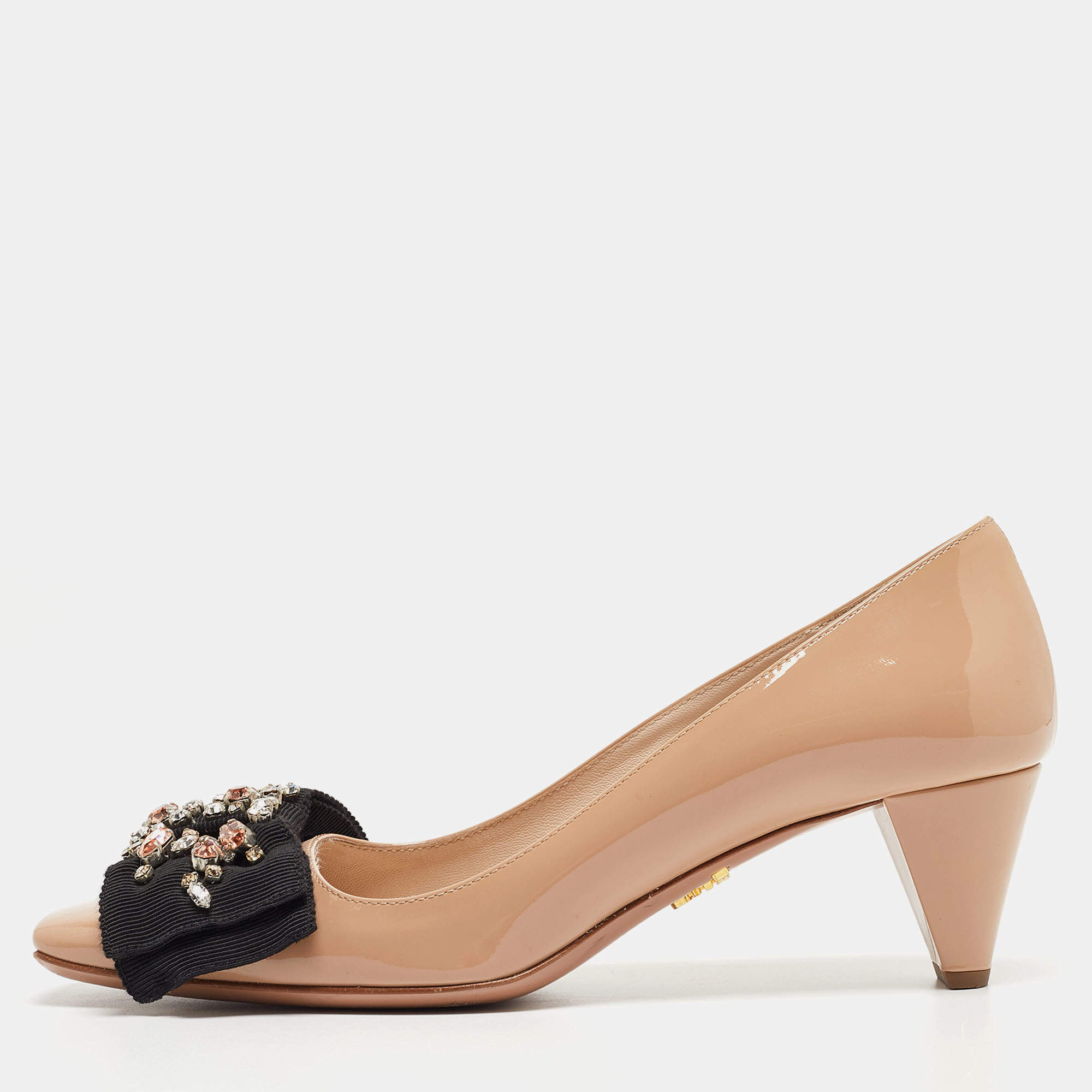 Pre Owned Prada Beige Patent Leather Crystal Embellished Bow Pumps Size 36