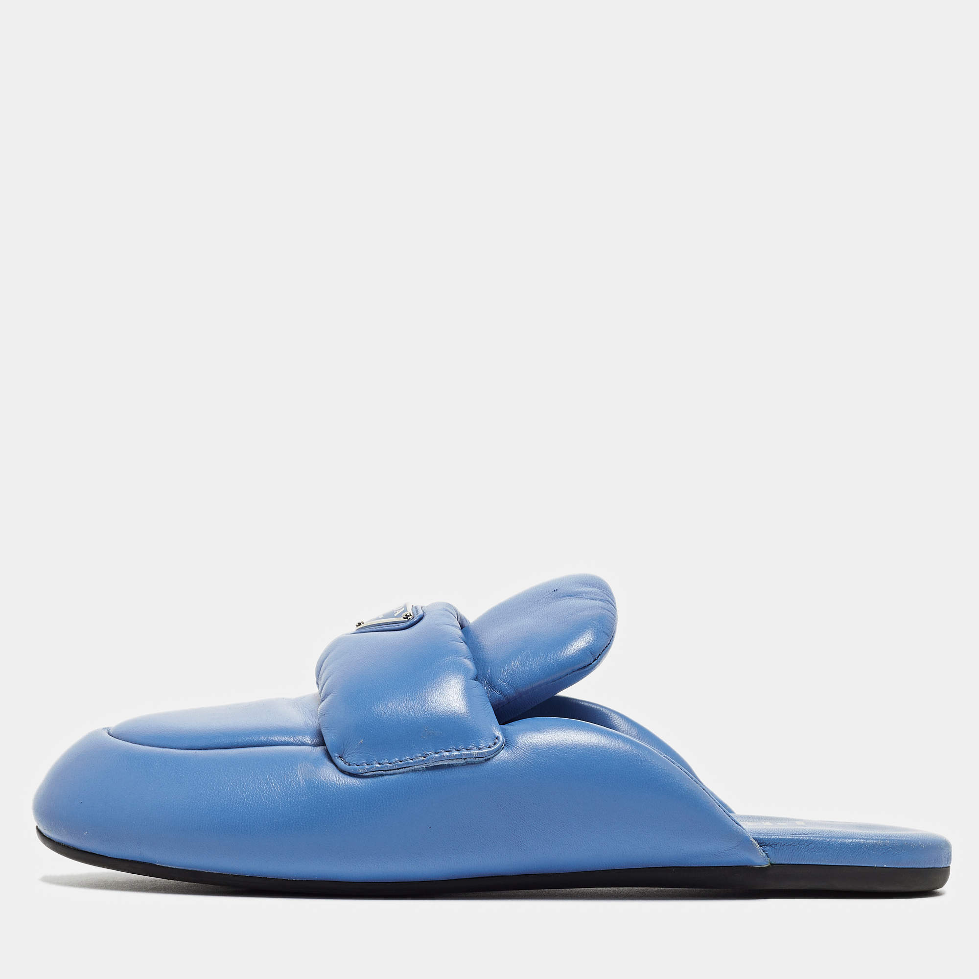 Prada Blue Leather Pantofole Padded Flat Mules Size 39