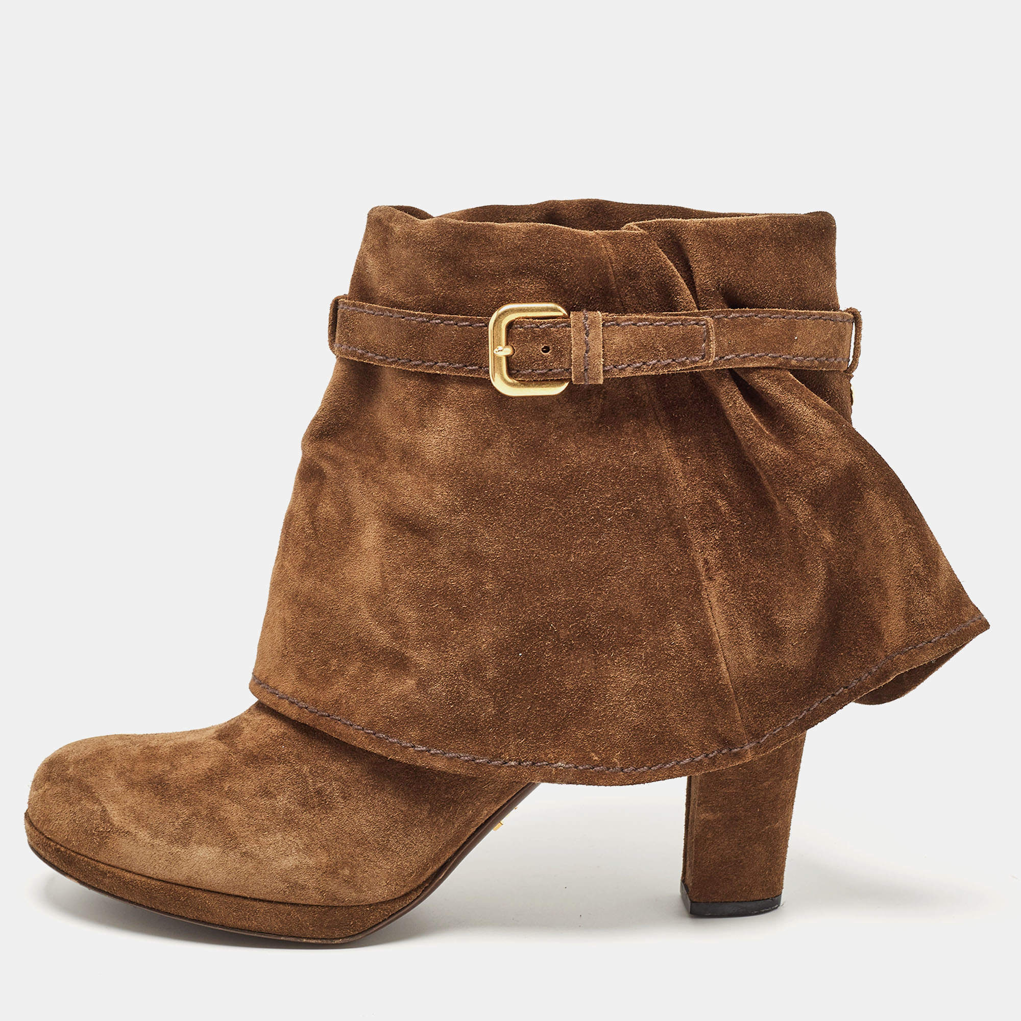 Prada Brown Suede Buckle Ankle Boots Size 39.5