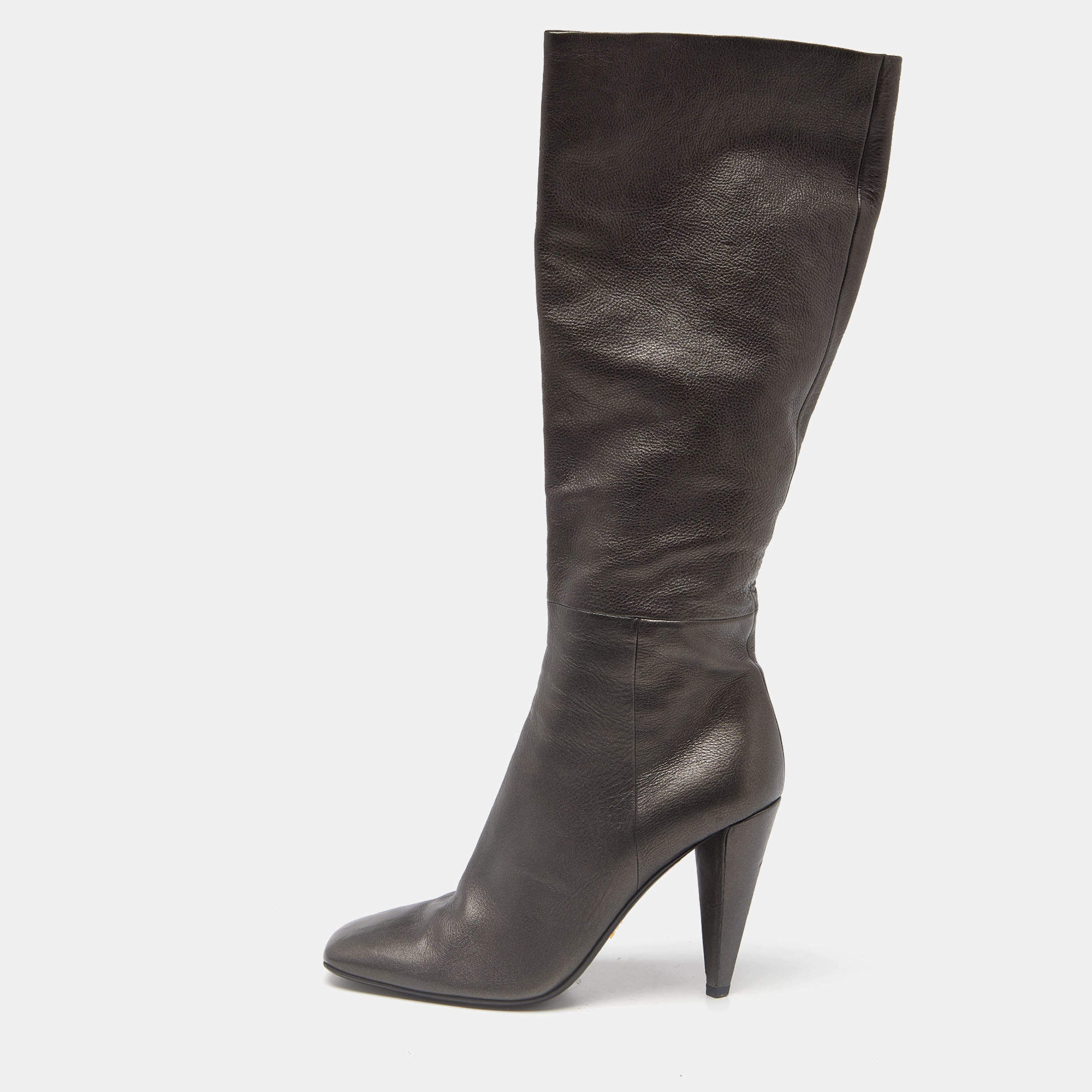 Pre Owned Prada Black Leather Heel Knee Length Boots Size 39