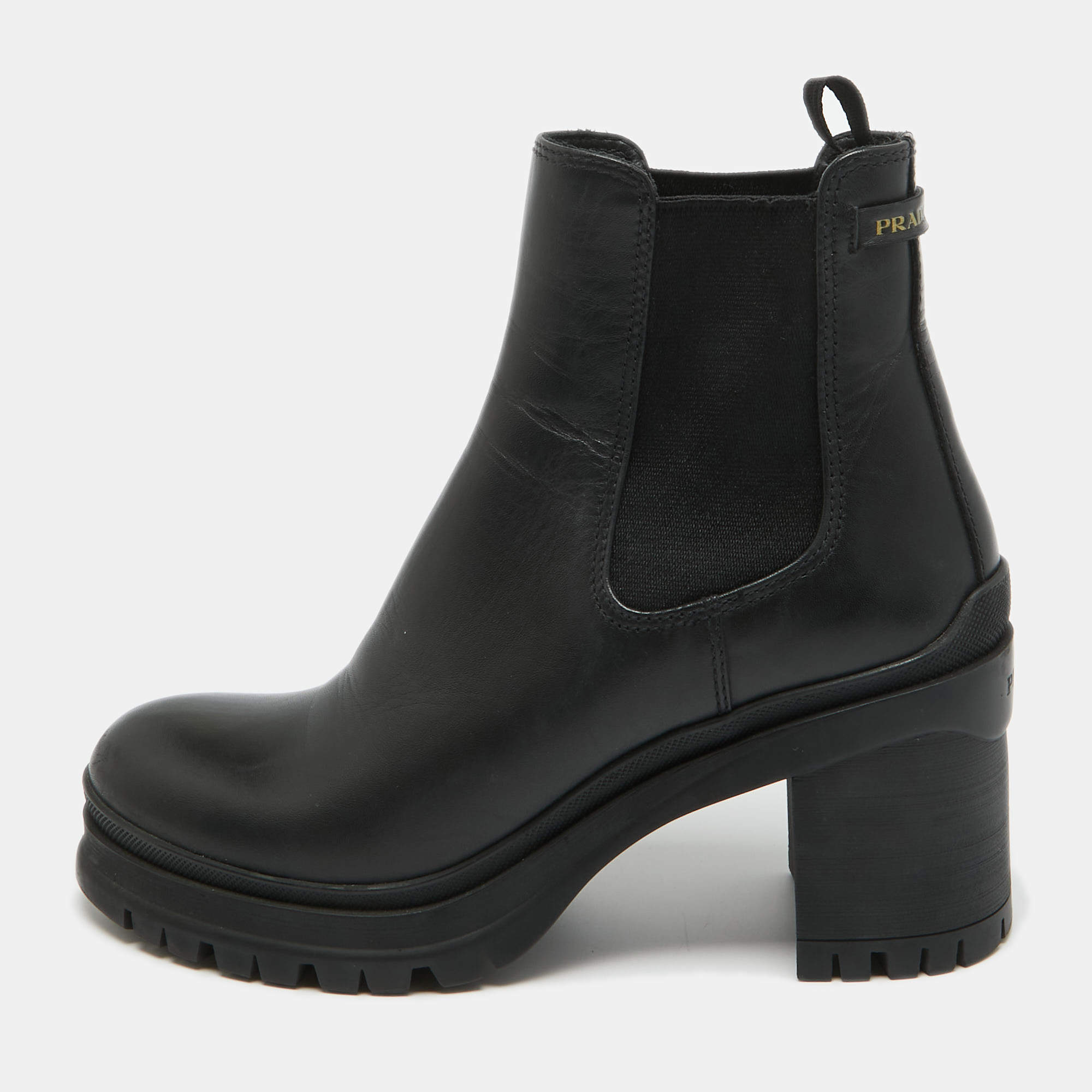 Pre Owned Prada Black Leather Ankle Length Boots Size 38.5