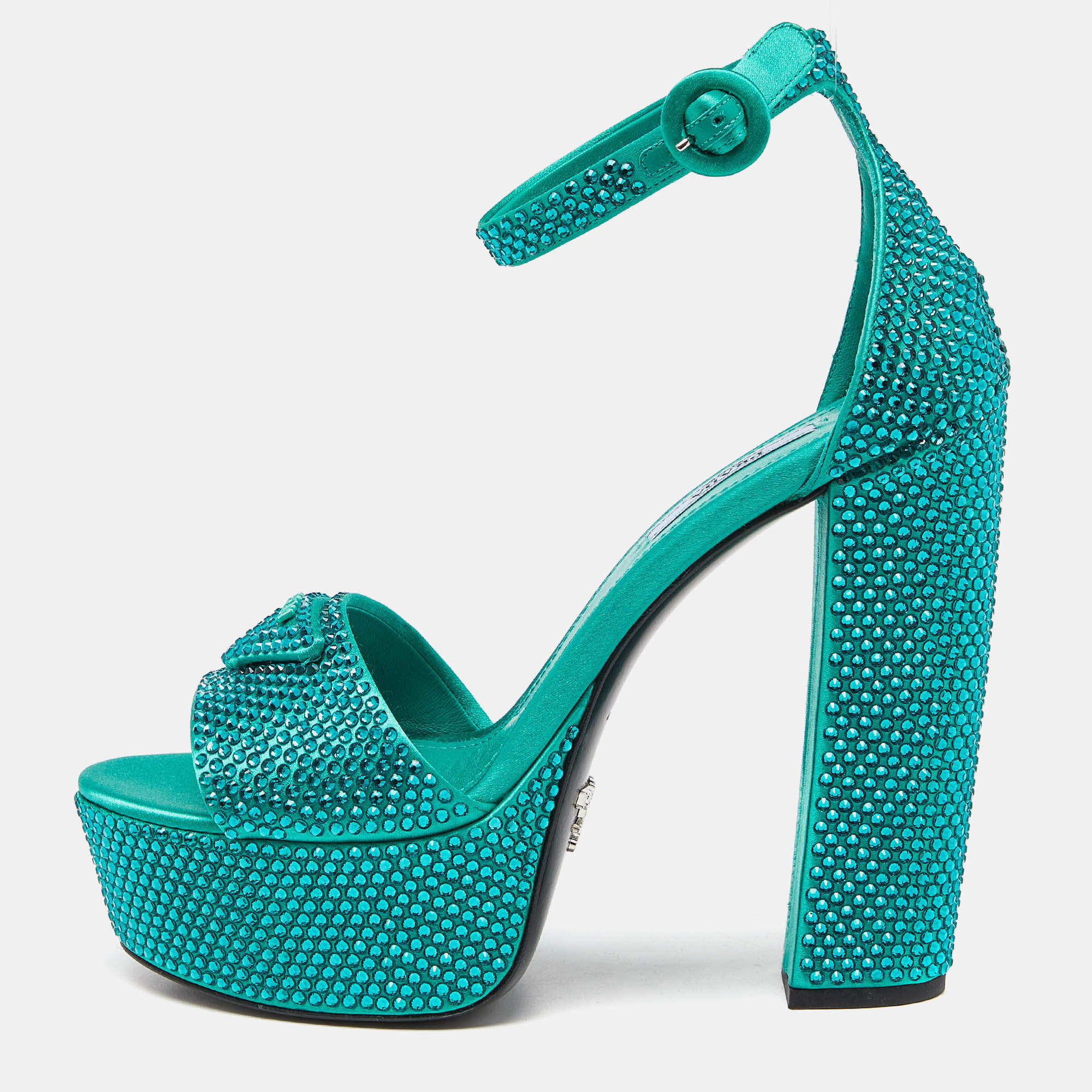 Prada Green Satin Crystal Embellished Platform Ankle Strap Sandals Size 37