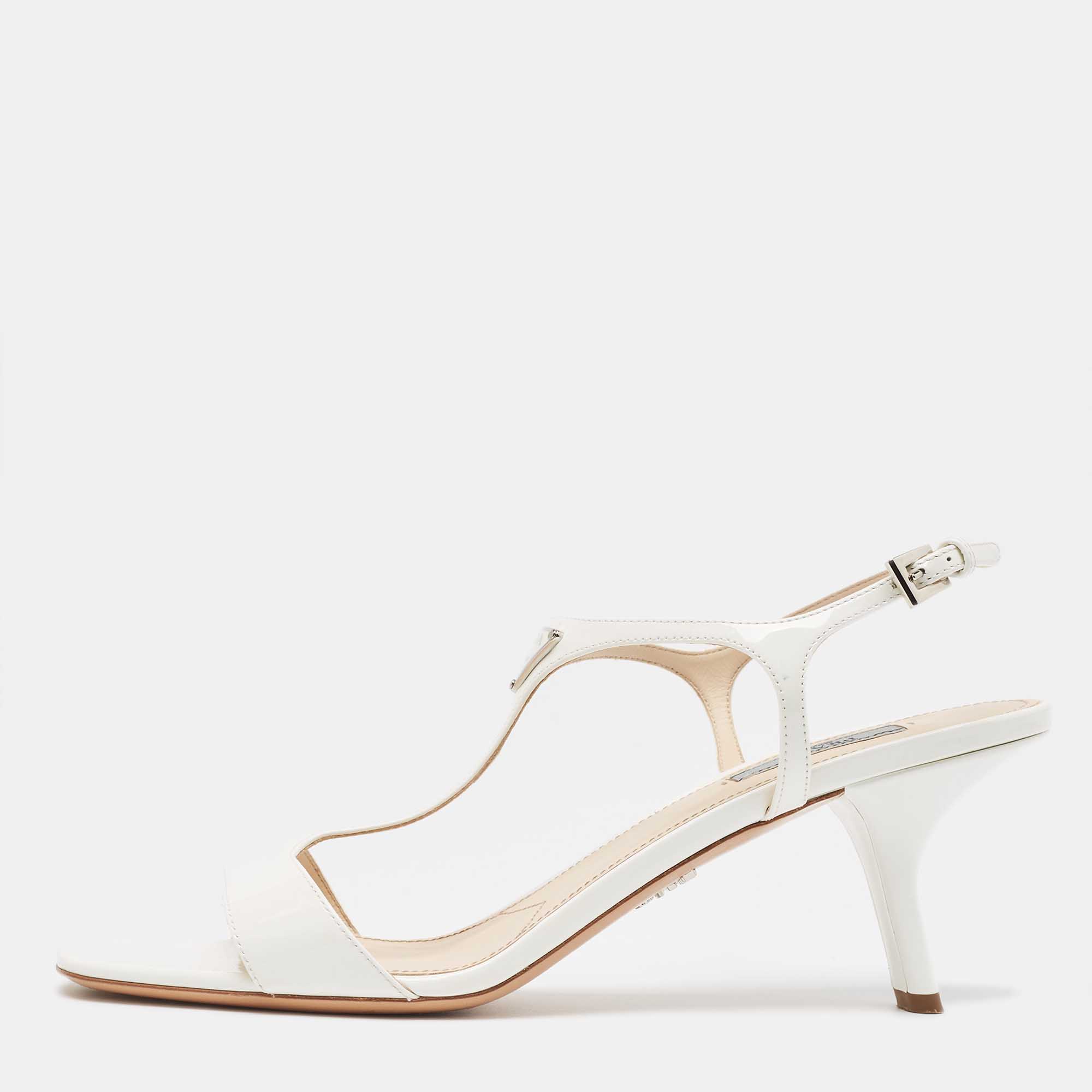 مملوكة مسبقًا Prada White Patent Leather Logo T Strap Sandals Size 41
