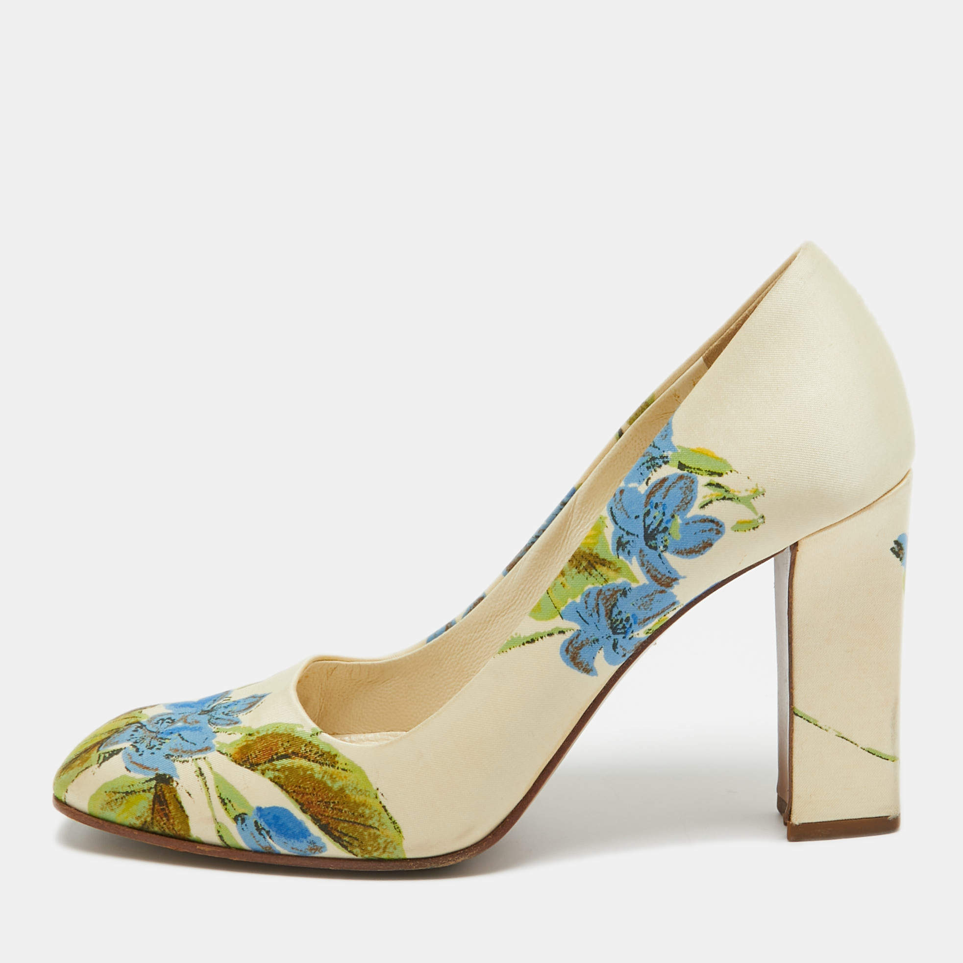 Prada Cream Floral Print Satin Square Toe Pumps Size 36.5