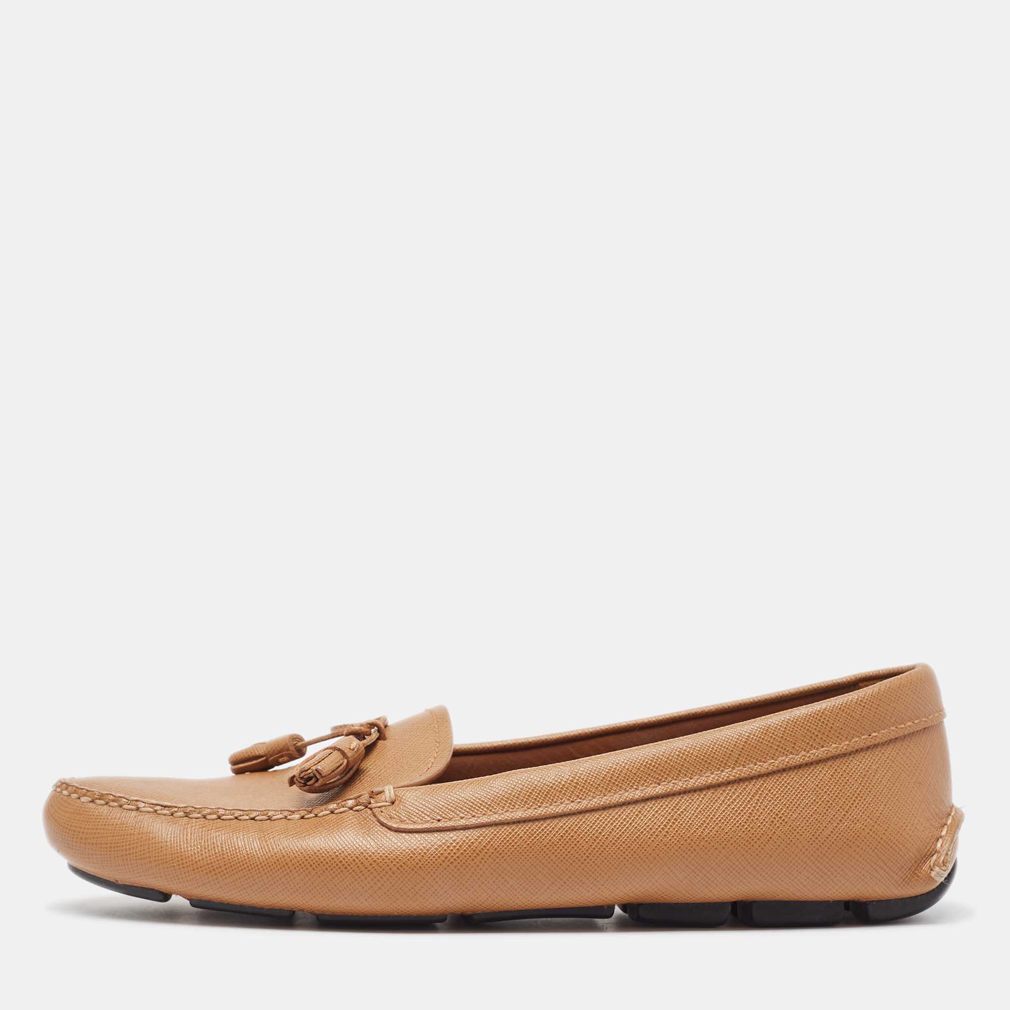Pre Owned Prada Brown Leather Slip On Loafers  Size 39