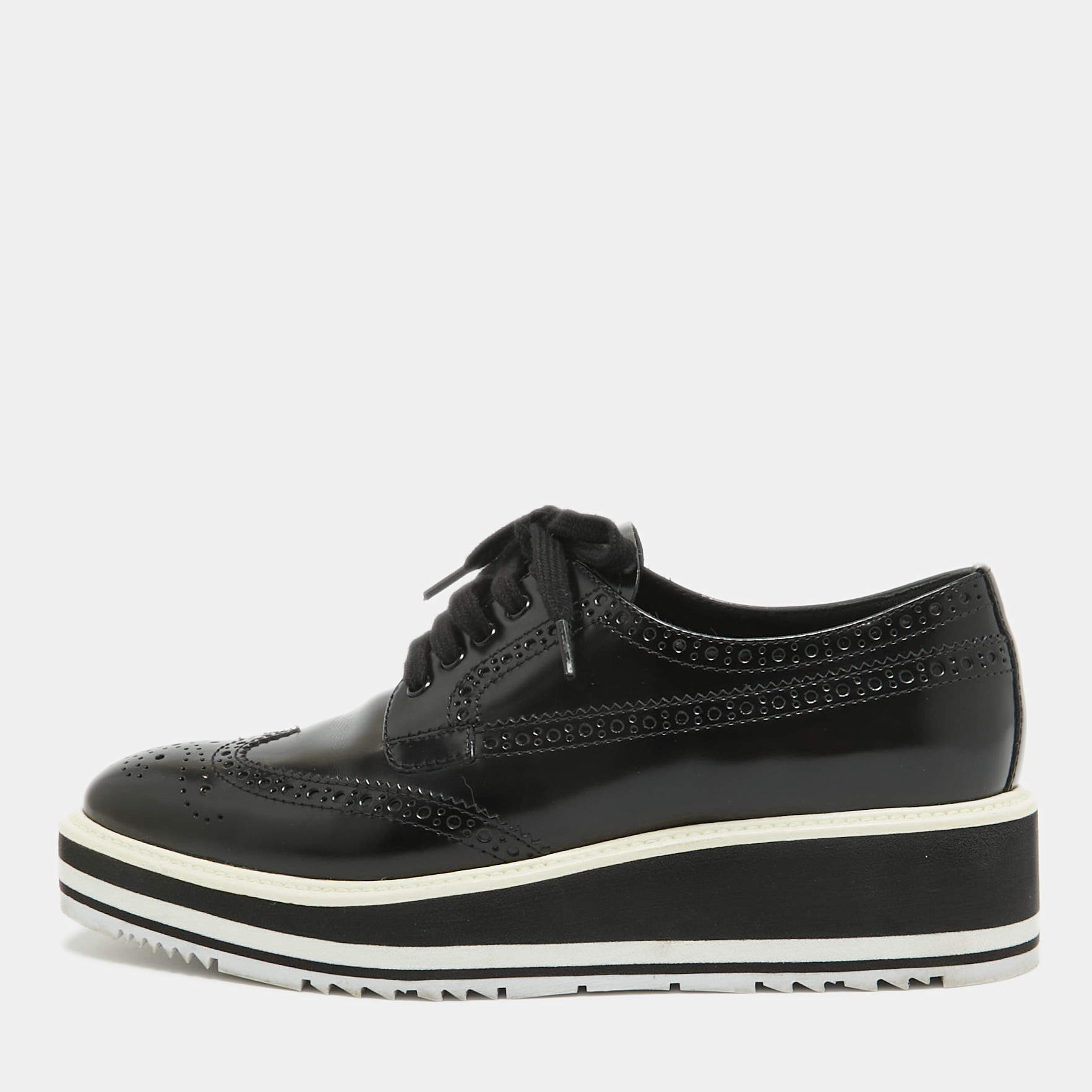 Prada Black Brogue Patent Leather Platform Derby Sneakers Size 37.5