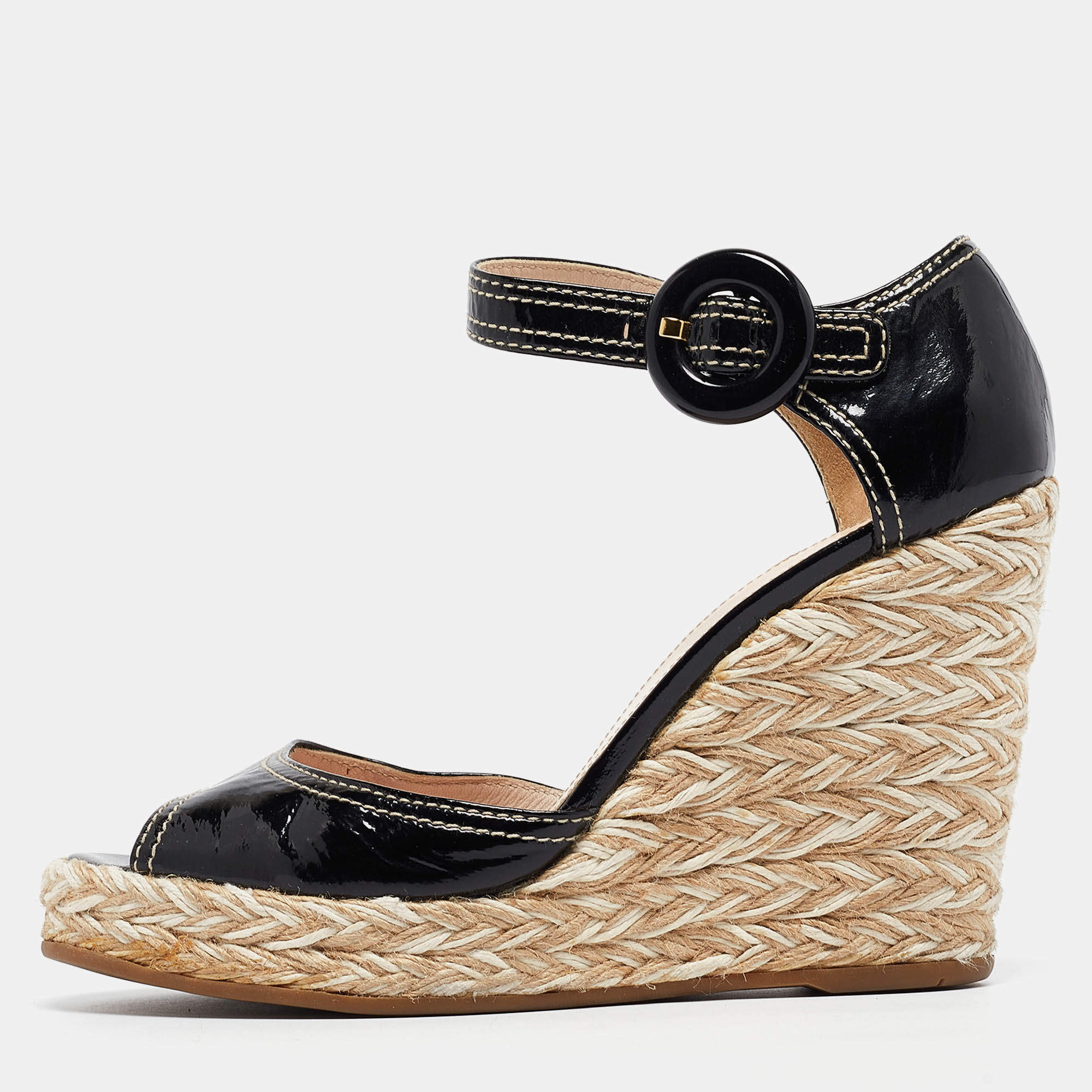 Prada Black Patent Leather Wedge Ankle Strap Sandals Size 37.5