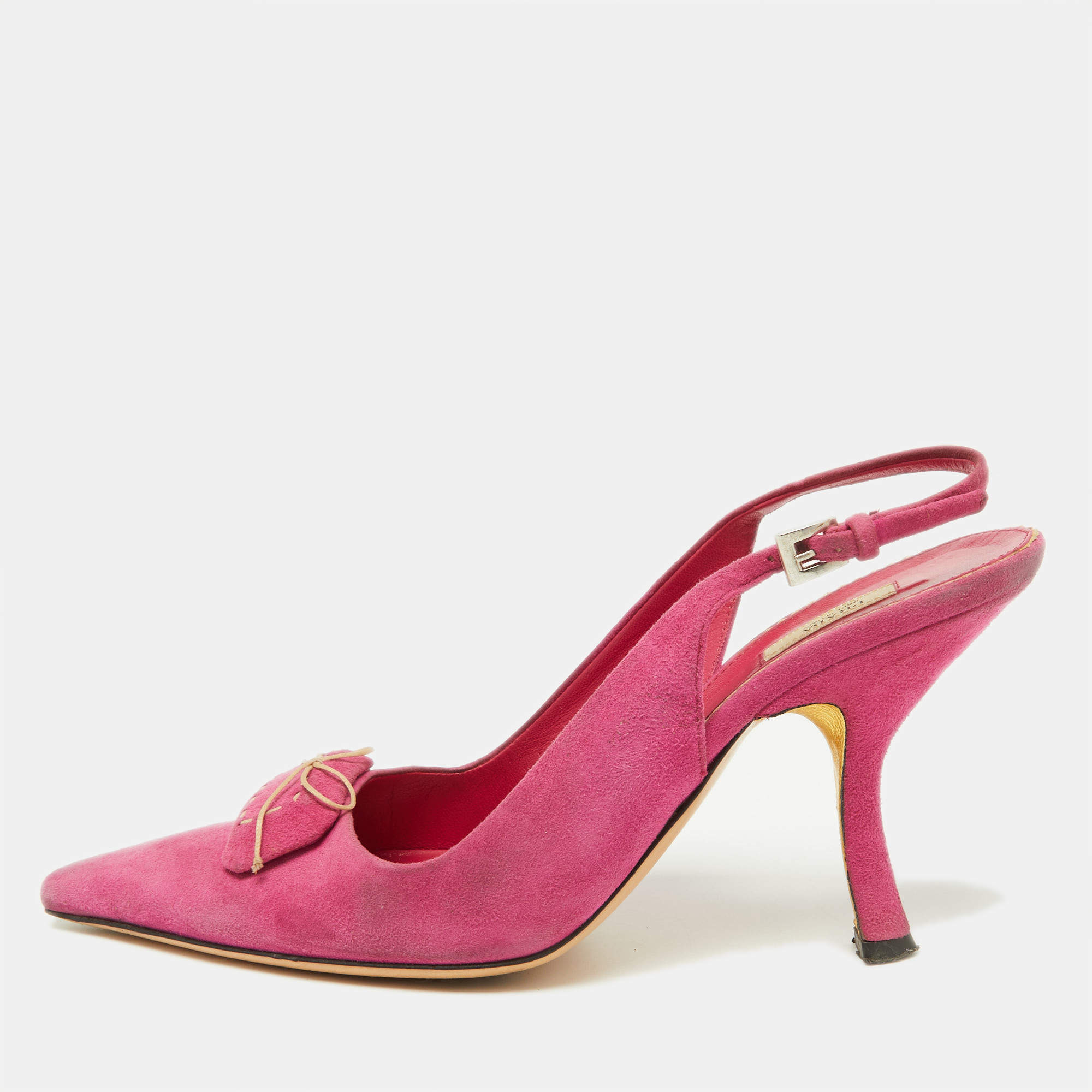 Prada Pink Suede Bow Pointed Toe Slingback Pumps Size 37