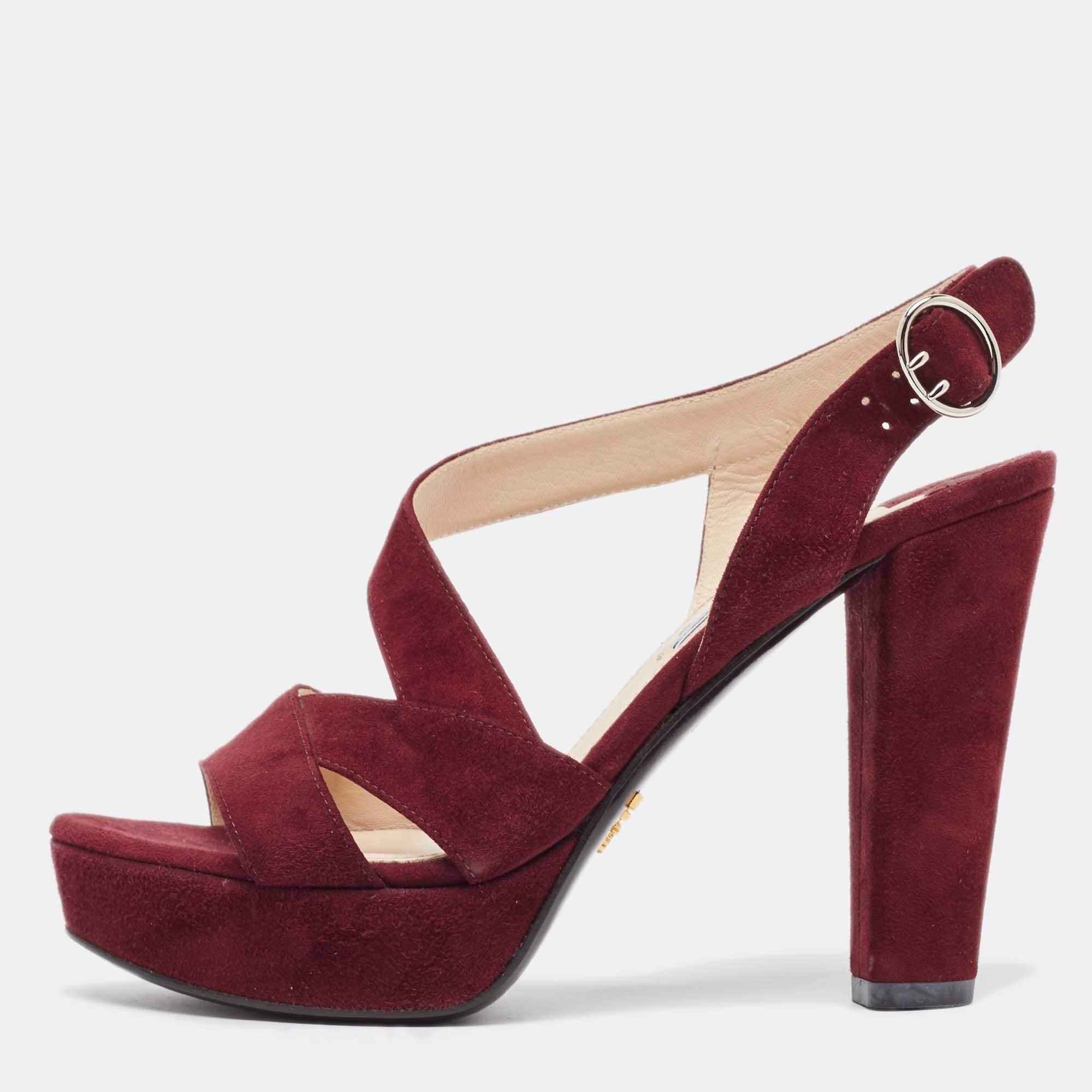 Prada Burgundy Suede Platform Slingback Sandals Size 36.5