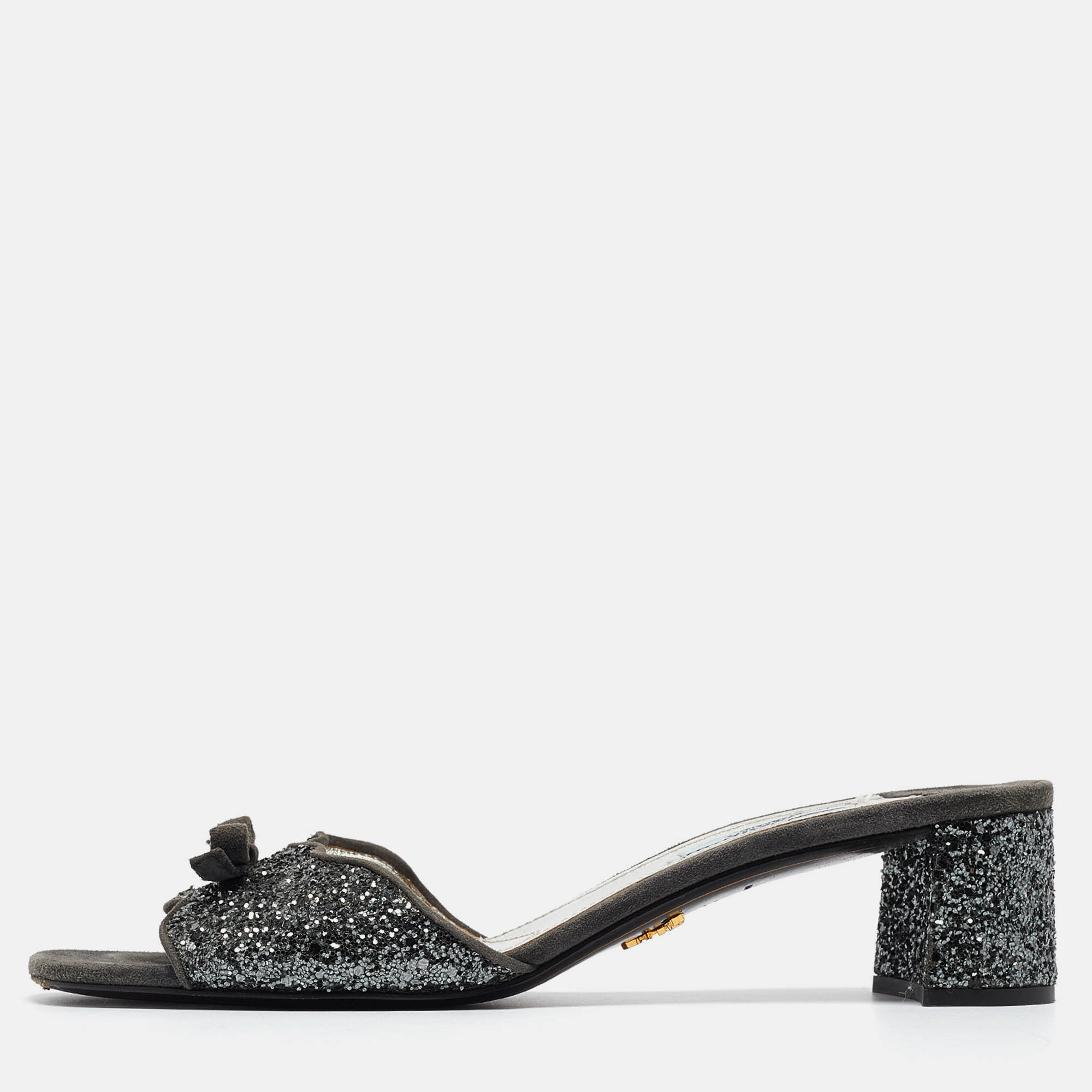 Prada Grey Coarse Glitter and Suede Bow Slide Sandals Size 39.5