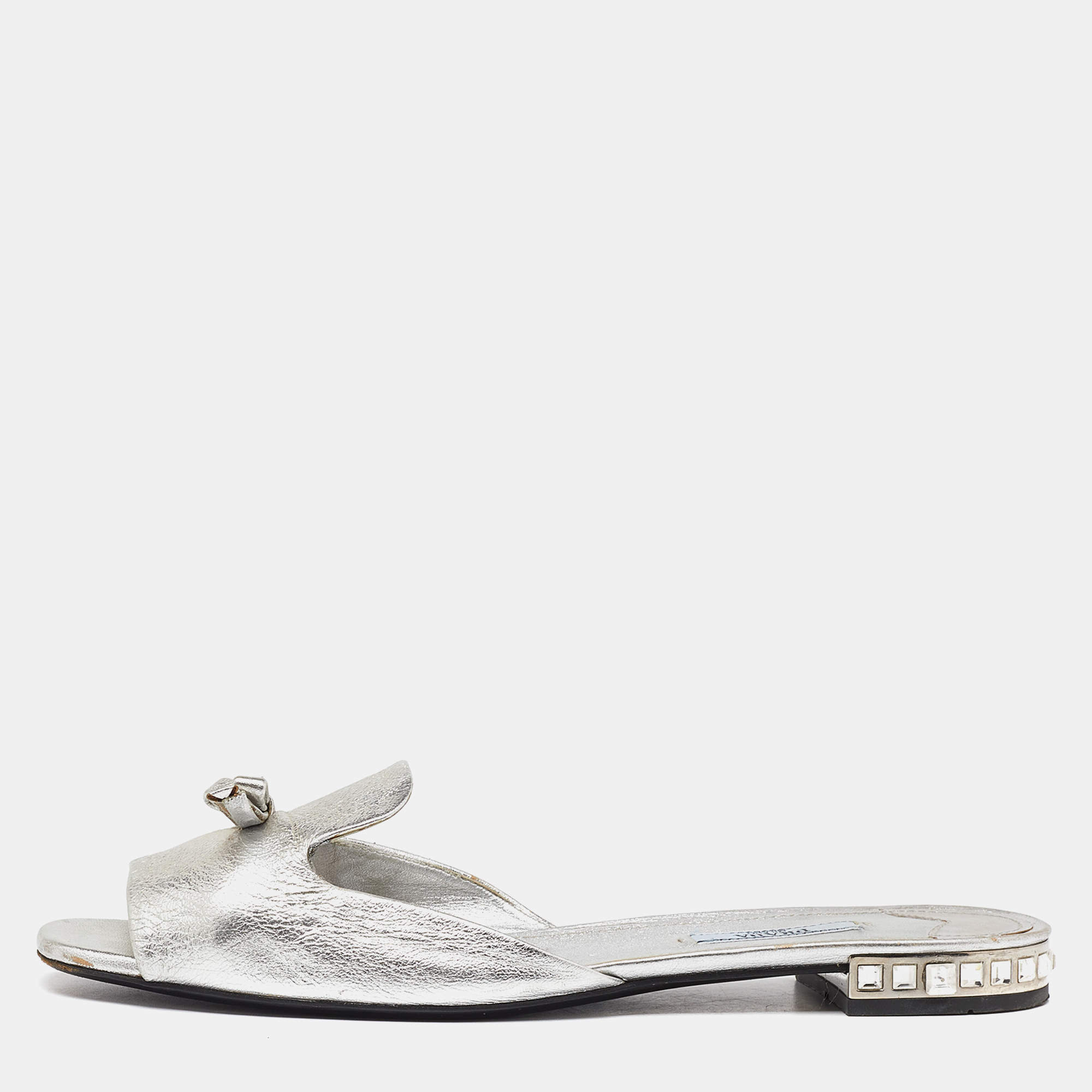 Prada Silver Leather Bow Crystal Embellished Flat Slides Size 41