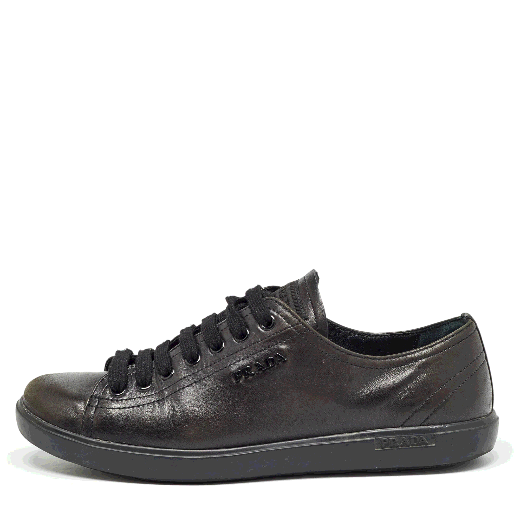 Pre Owned Prada Black Leather Lace Up Sneakers Size 38.5