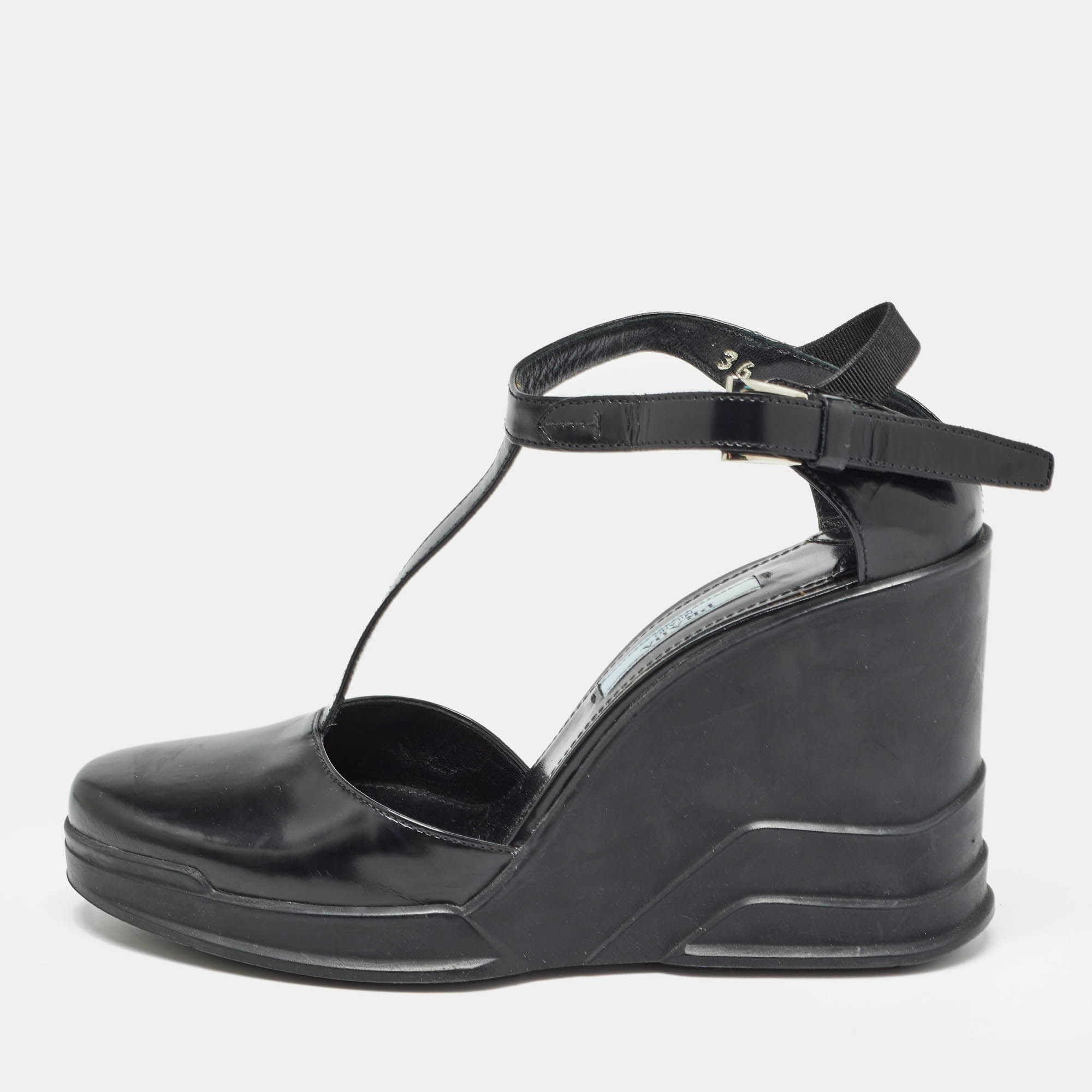 Pre Owned Prada Black Patent Leather T-Strap Wedge Sandals Size 36