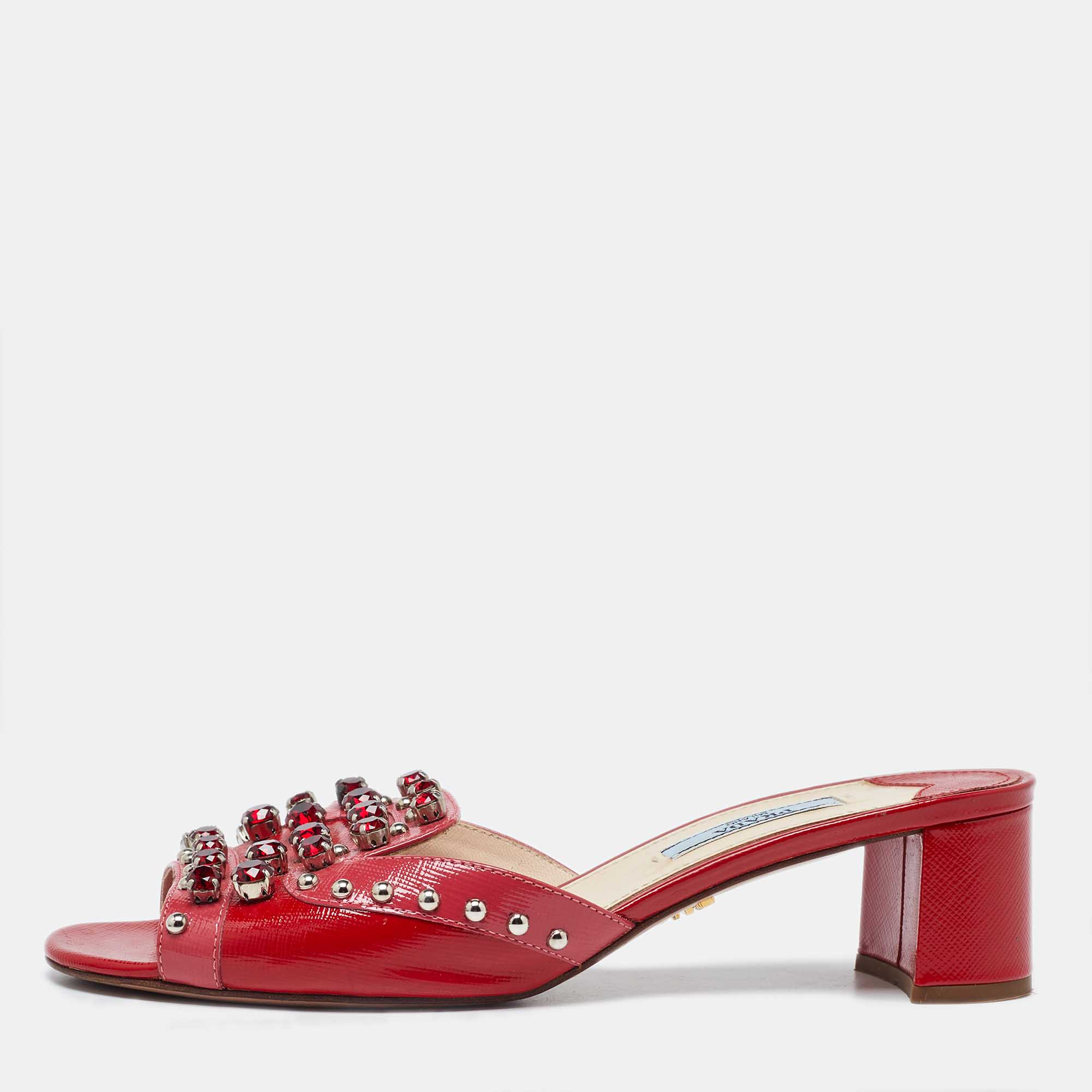 Pre Owned Prada Red Patent Leather Crystal Embellished Block Heel Slide Sandals Size 37