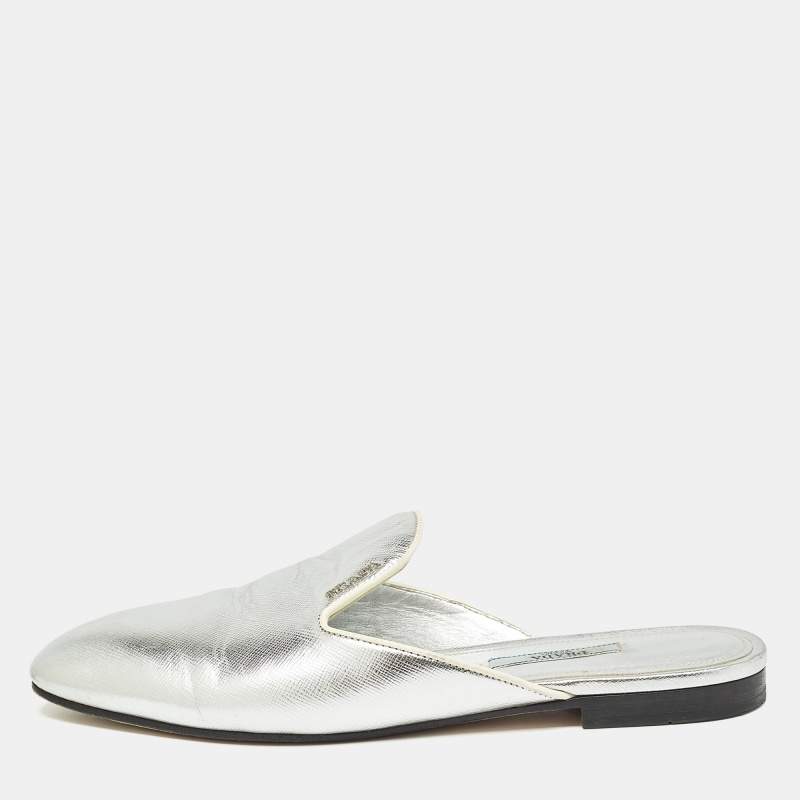 Prada Silver Leather Flat Mules Size 37
