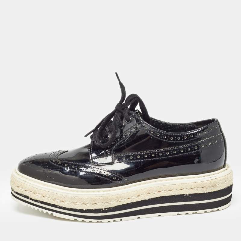 Prada Black Brogue Wingtip Leather Espadrille Derby Size 34