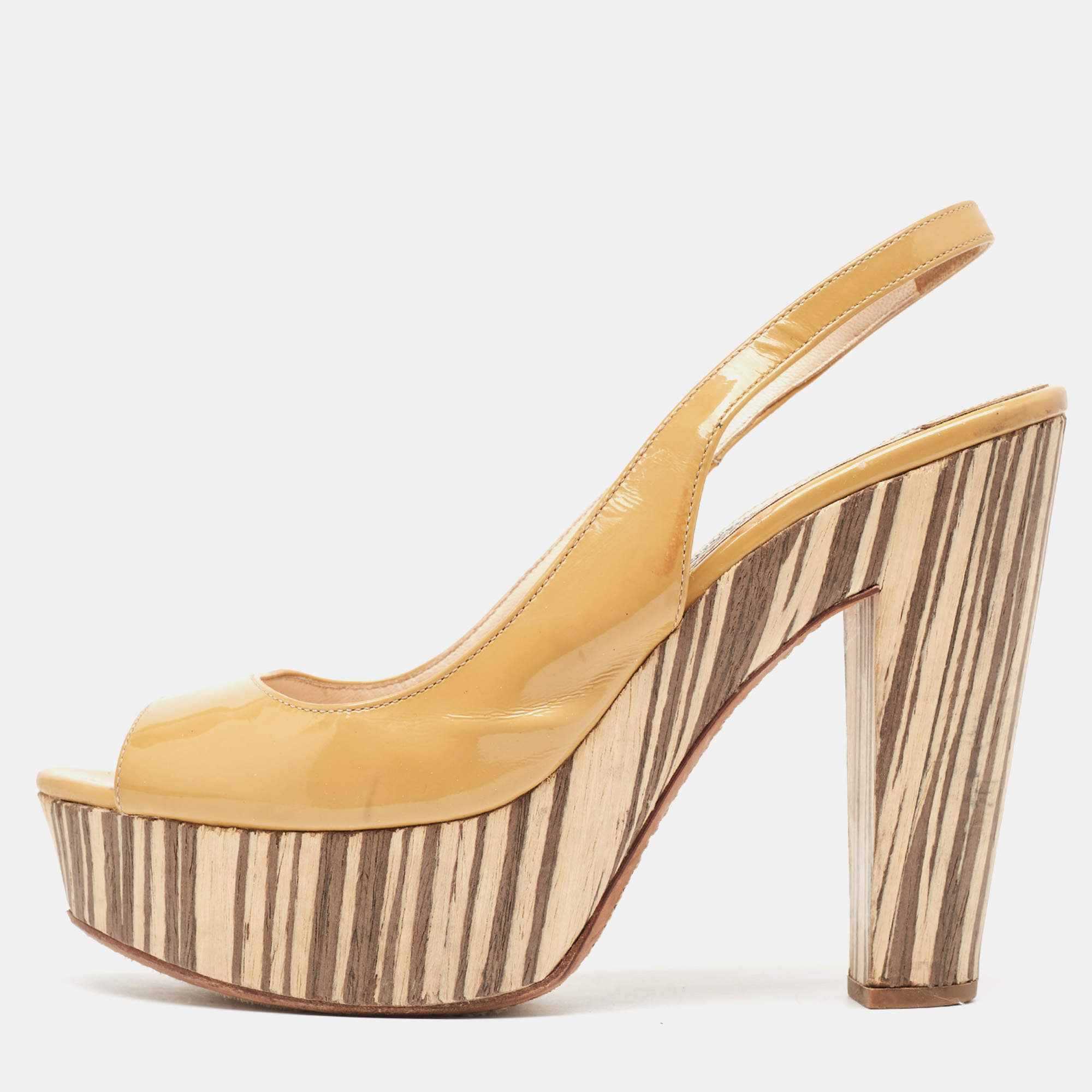 Prada Beige Patent Leather Open Toe Platform Slingback Sandals Size 37