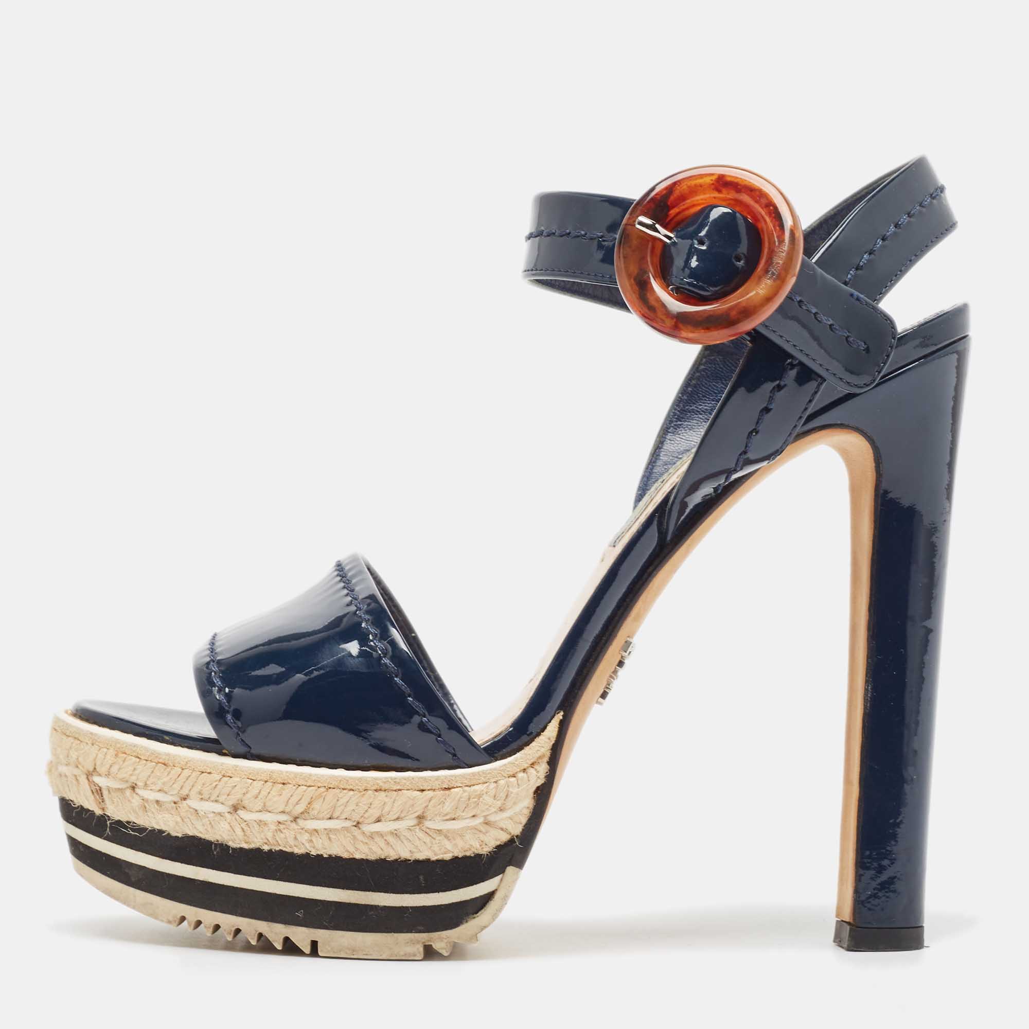 Prada Navy Blue Patent Leather Espadrille Platform Ankle Strap Sandals Size 37