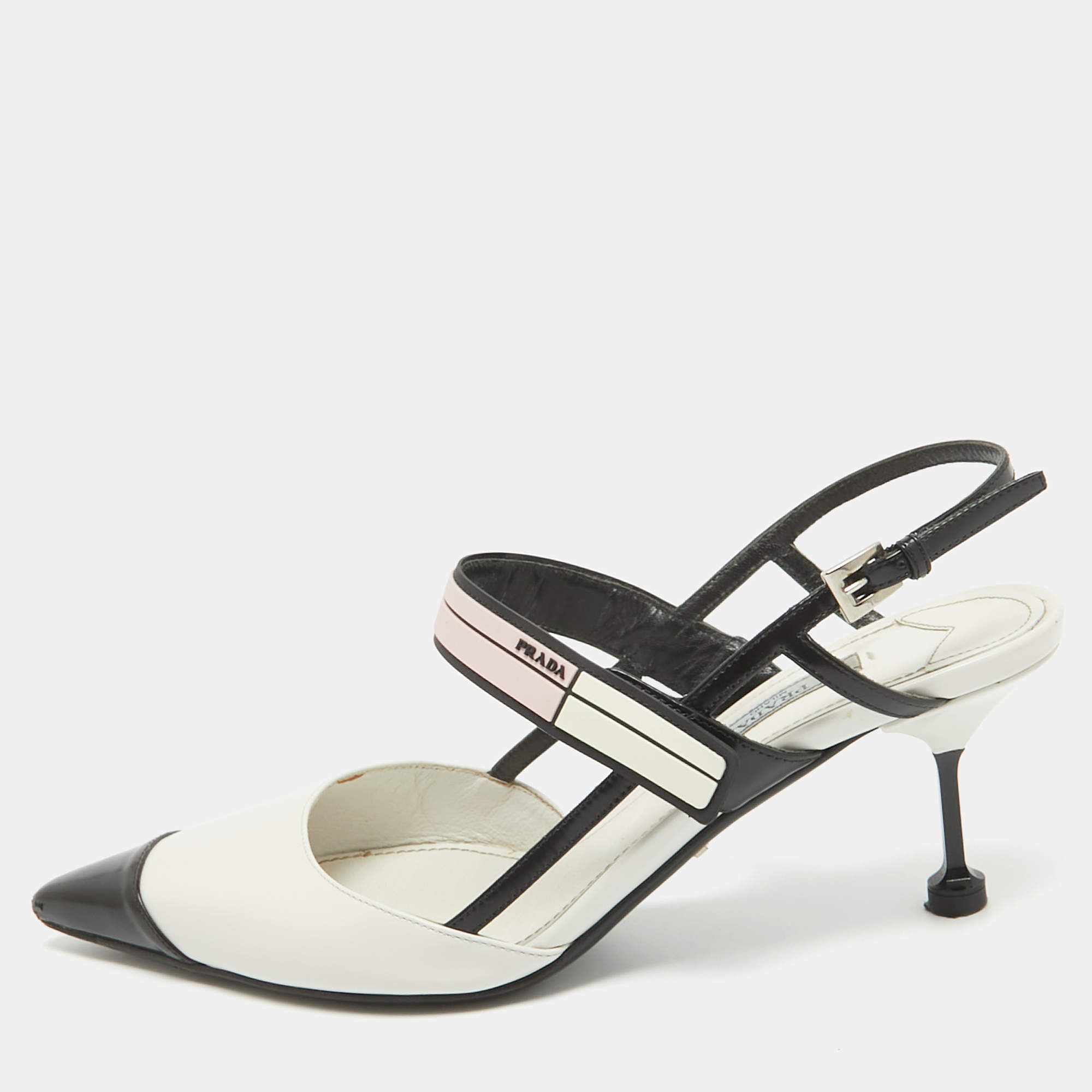 Prada White/Black Leather Slingback Pumps Size 38 Prada | TLC