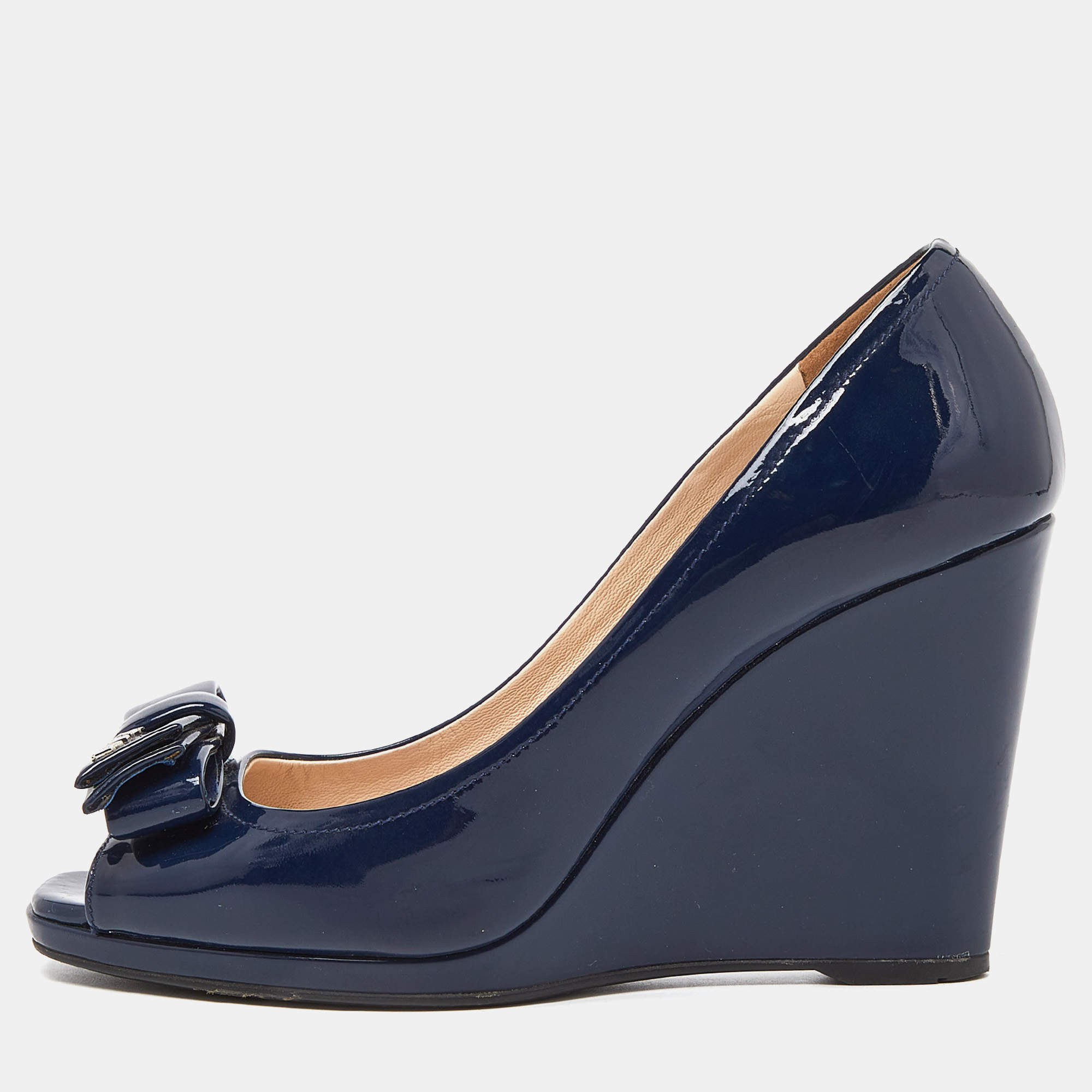 Prada Navy Blue Patent Leather Bow Peep Toe Wedge Pumps Size 37.5