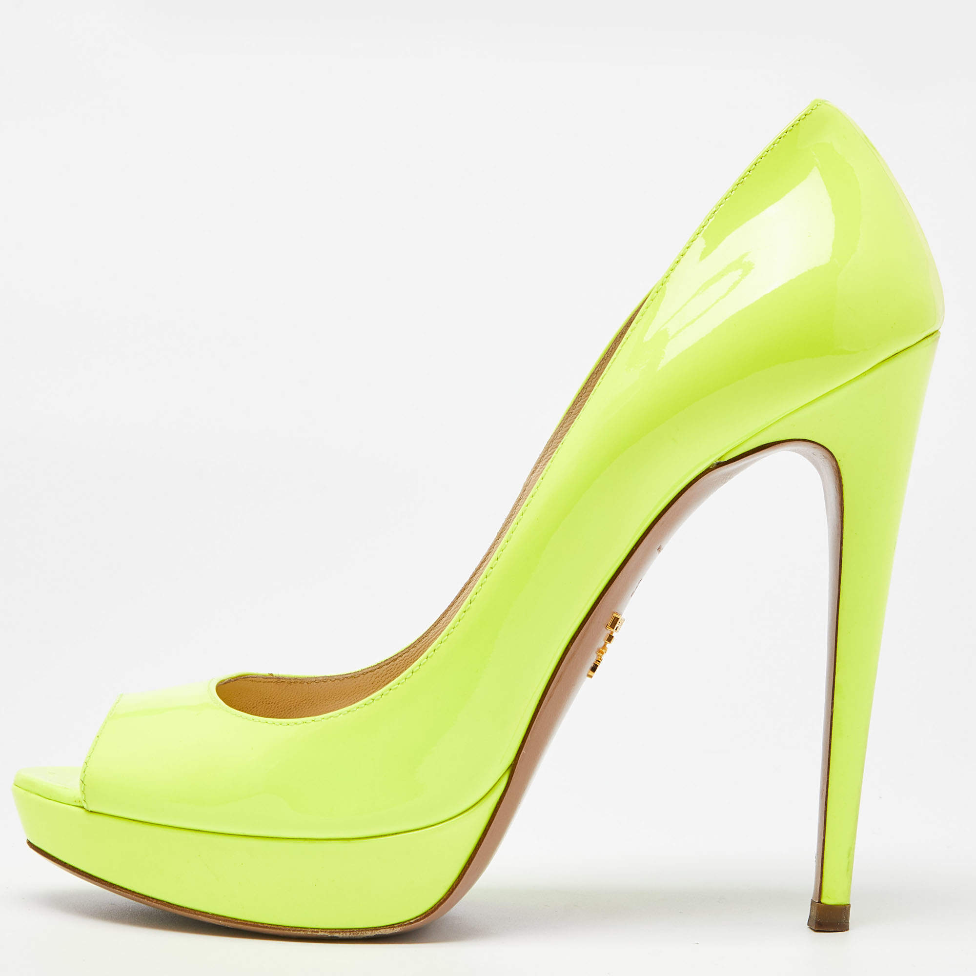 Pre Owned Prada Neon Yellow Patent Leather Platform Peep Toe Pumps Size 38.5