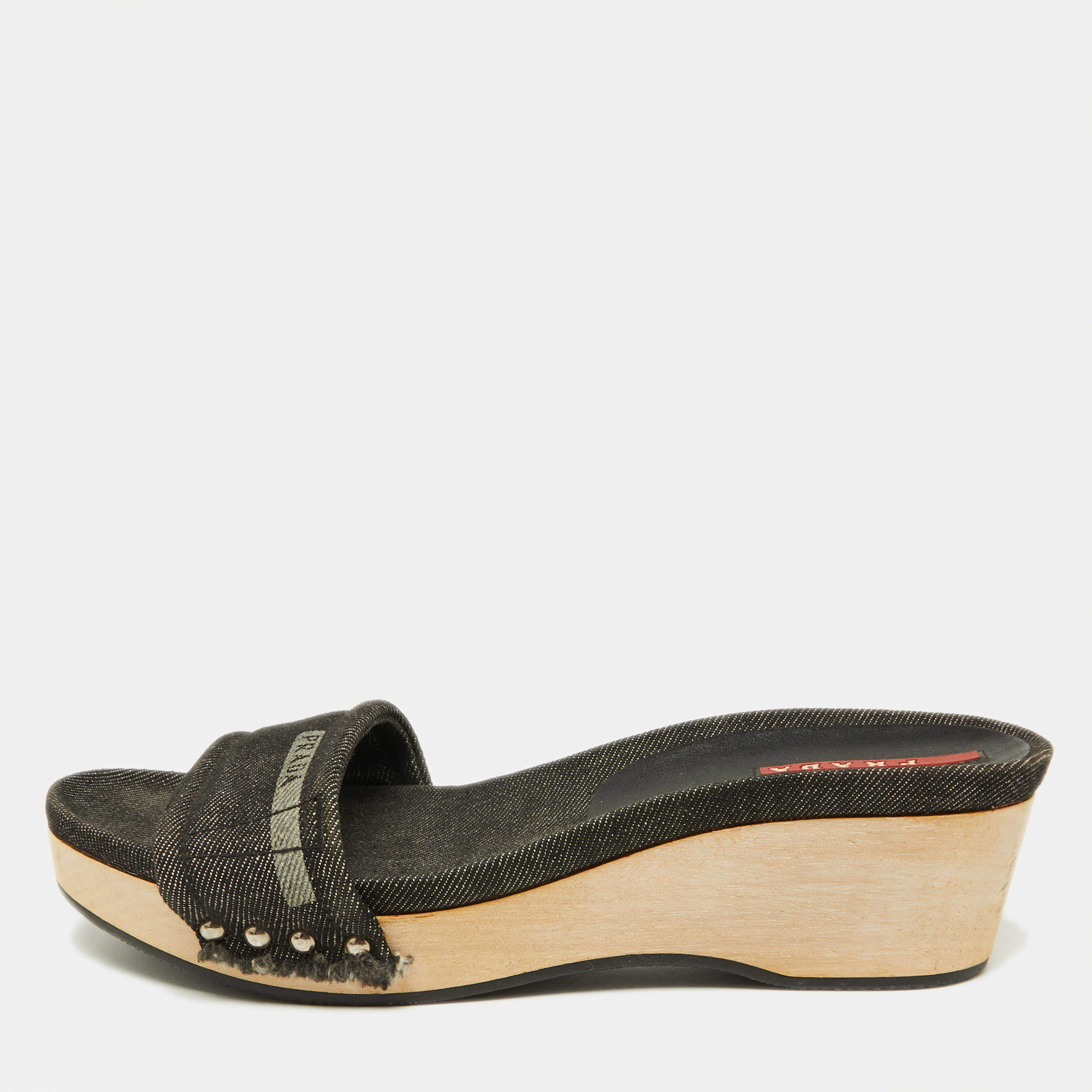 Prada Sport Black Denim Wedge Slide Sandals Size 37