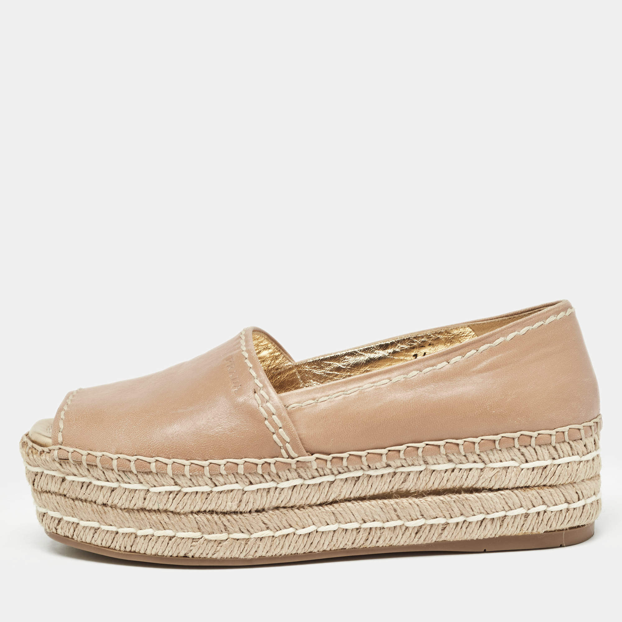 Prada Beige Leather Peep Toe Espadrilles Platform Flats Size 36