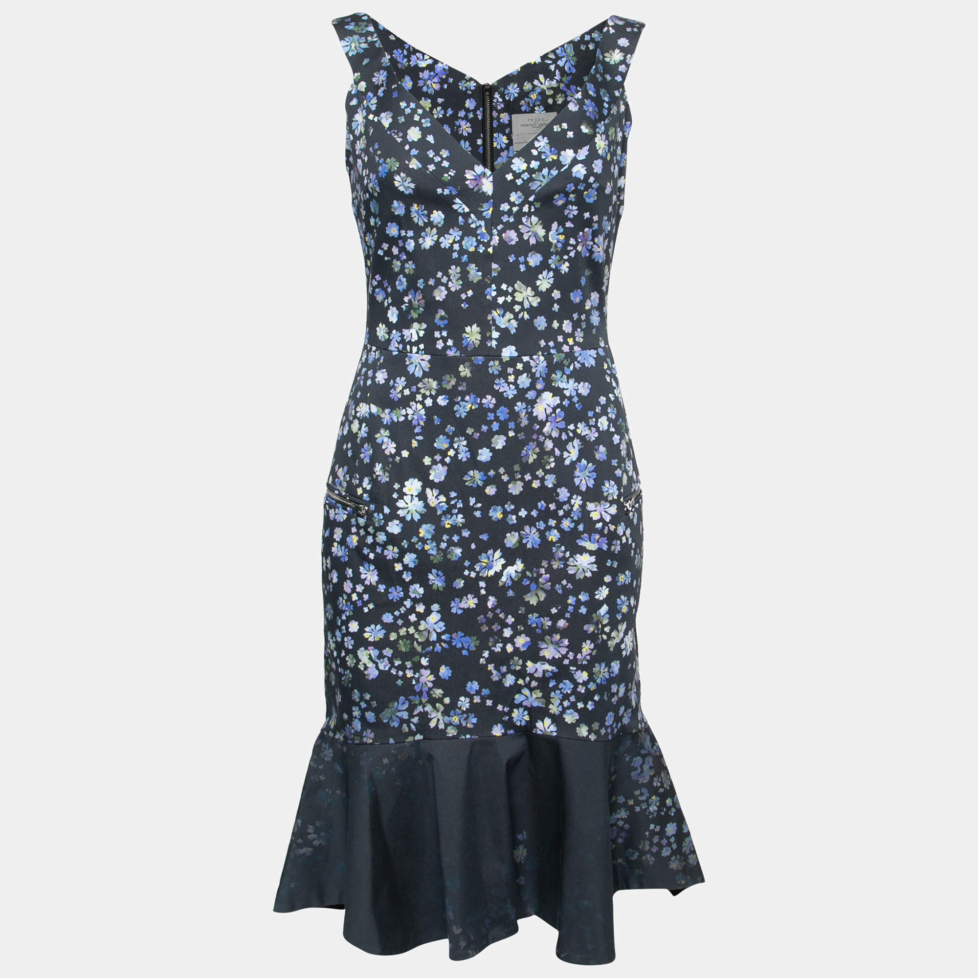 Preen by Thornton Bregazzi Blue Flower Print Cotton Morgan Flounce Dress S