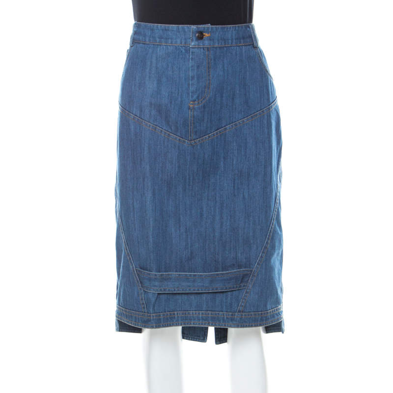 Pre Owned Preen Line Blue Patch Denim Pencil Skirt L 