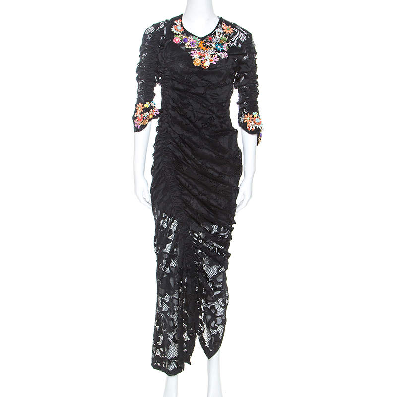 Preen Black Stretch Lace Embellished Detail Ruched Georgia Dress L
